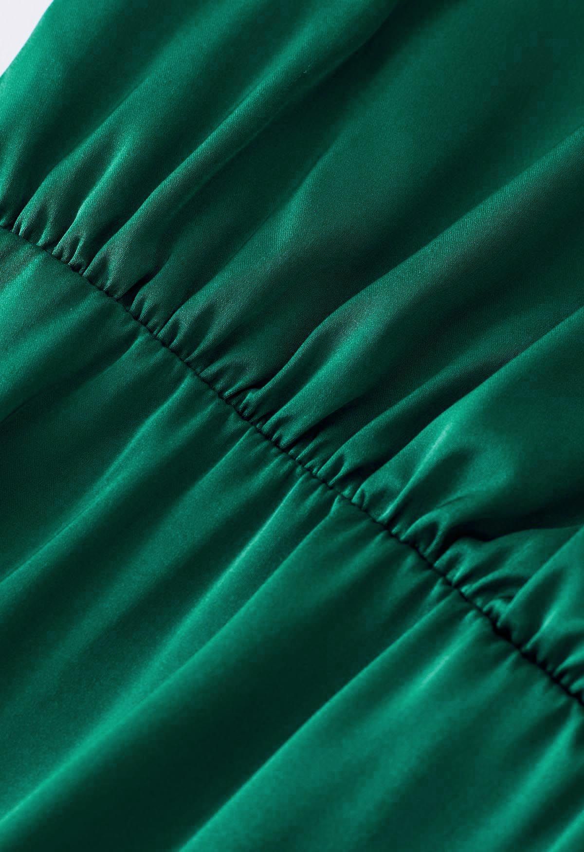 Satin Asymmetric Ruched Neckline Sleeveless Playsuit in Dark Green