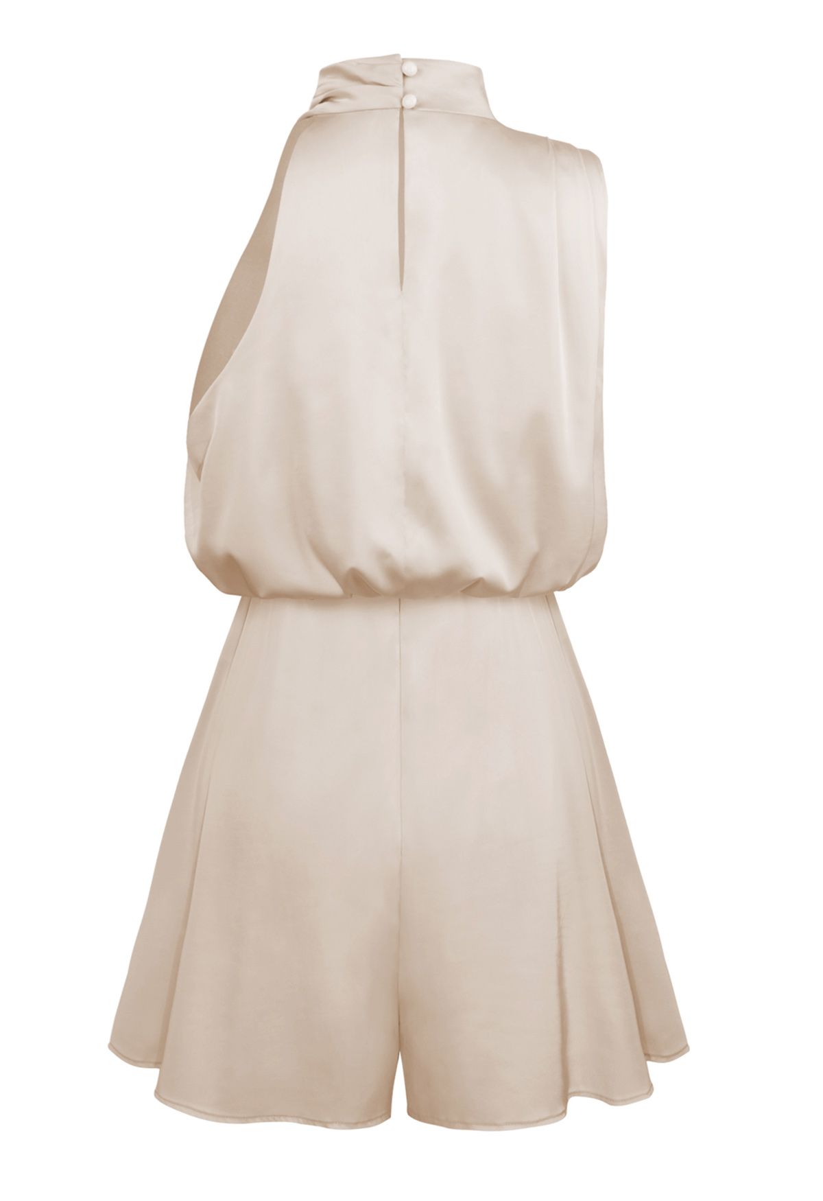 Satin Asymmetric Ruched Neckline Sleeveless Playsuit in Apricot