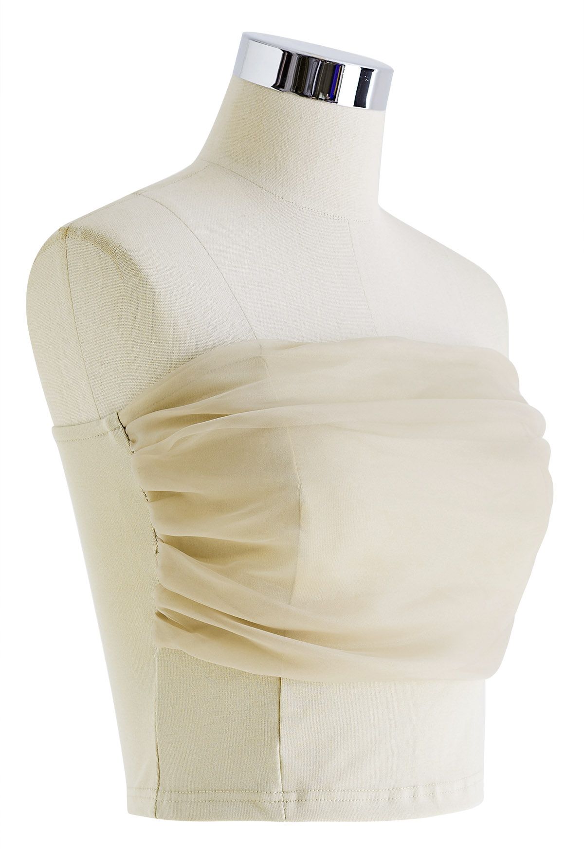 Mesh Overlay Ruched Tube Top in Light Tan