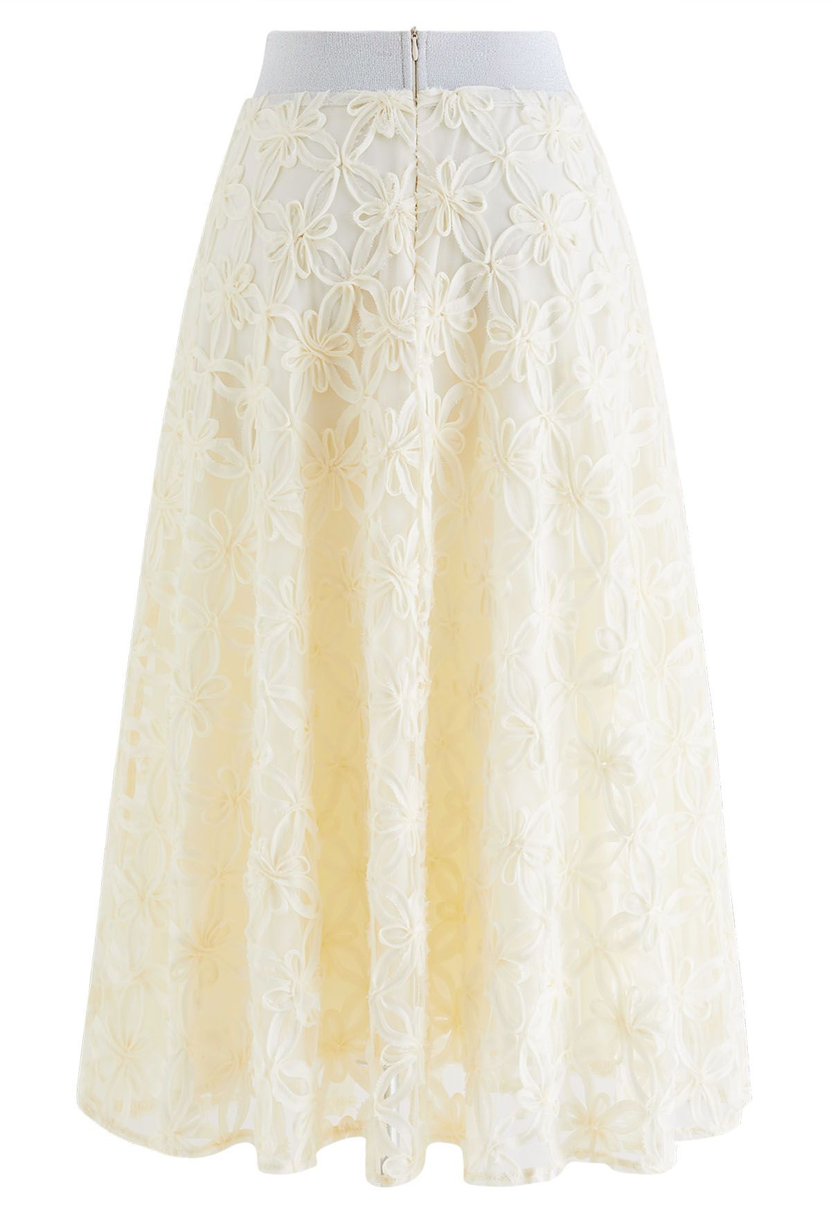 Flower Stitch Mesh Tulle Midi Skirt in Light Yellow