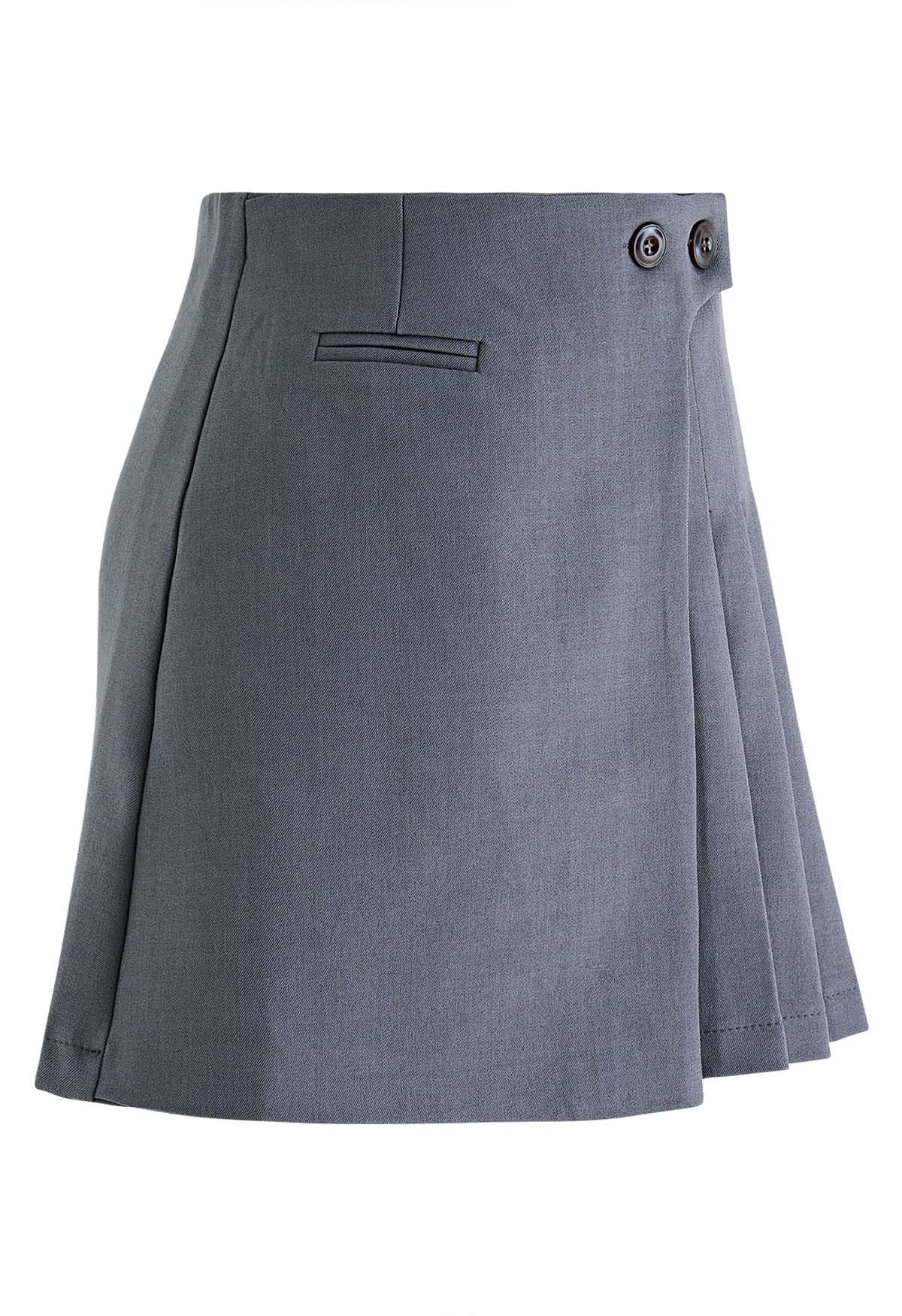 Twin Buttons Pleated Flap Mini Skirt in Grey
