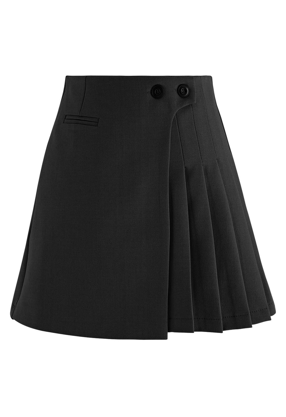 Twin Buttons Pleated Flap Mini Skirt in Black