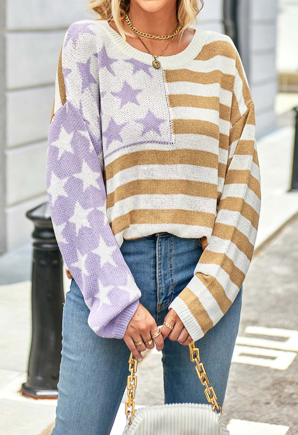 The Stars and The Stripes Printed Knit Sweater in Tan