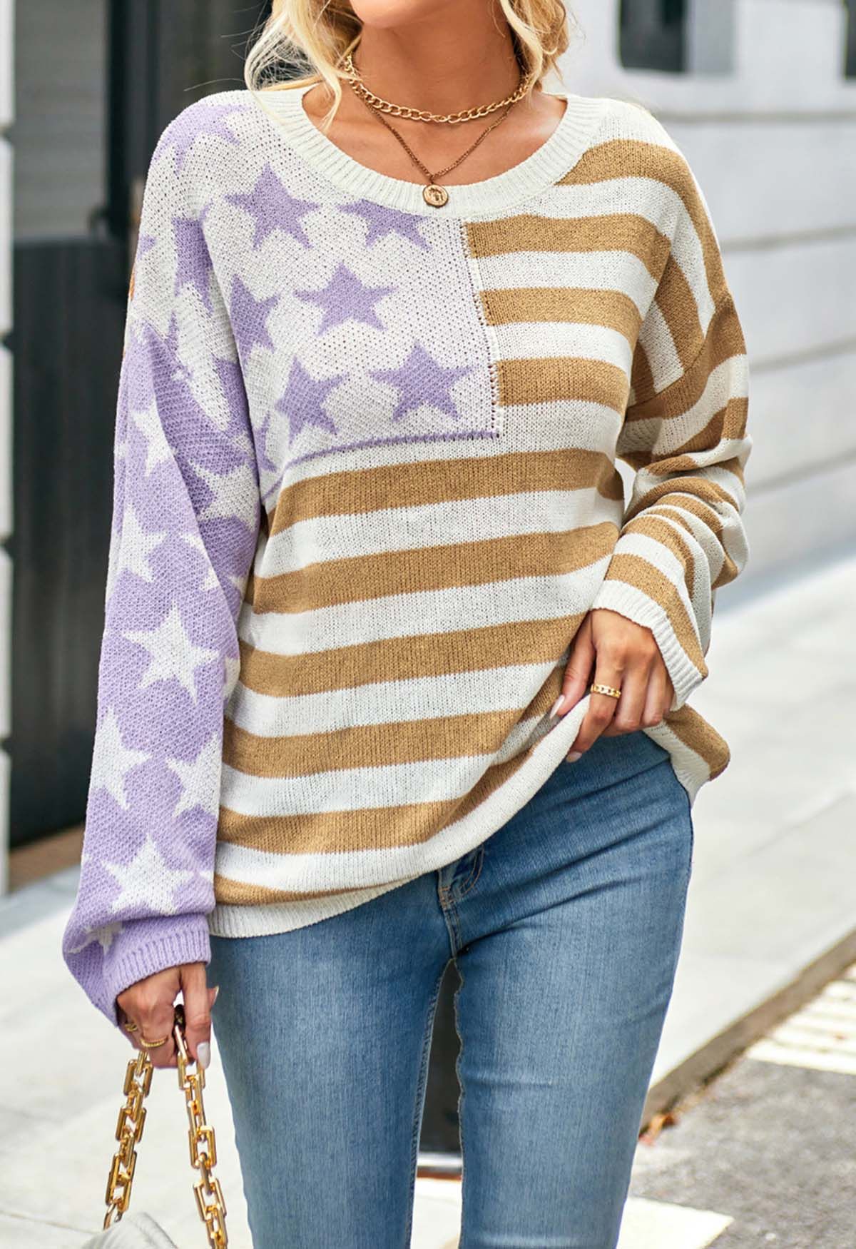 The Stars and The Stripes Printed Knit Sweater in Tan