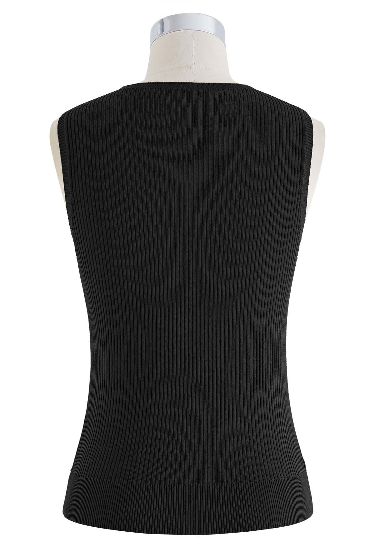 Fake Two-Piece Buttoned Ribbed Knit Top in Black
