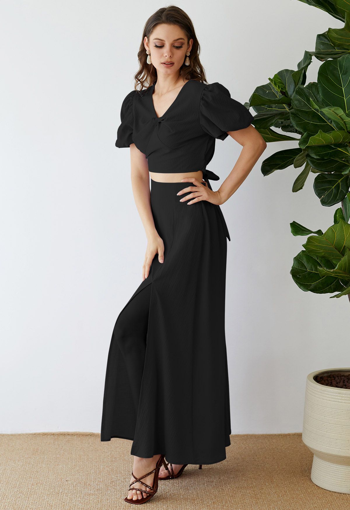 Twist V-Neck Crop Top and Maxi Skirt Set in Black