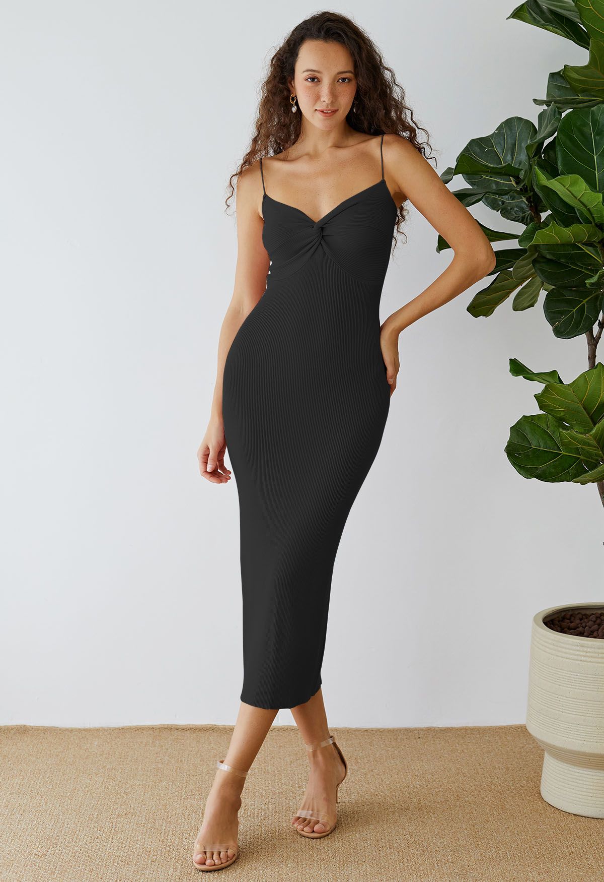 Twist Front Bodycon Knit Cami Dress in Black