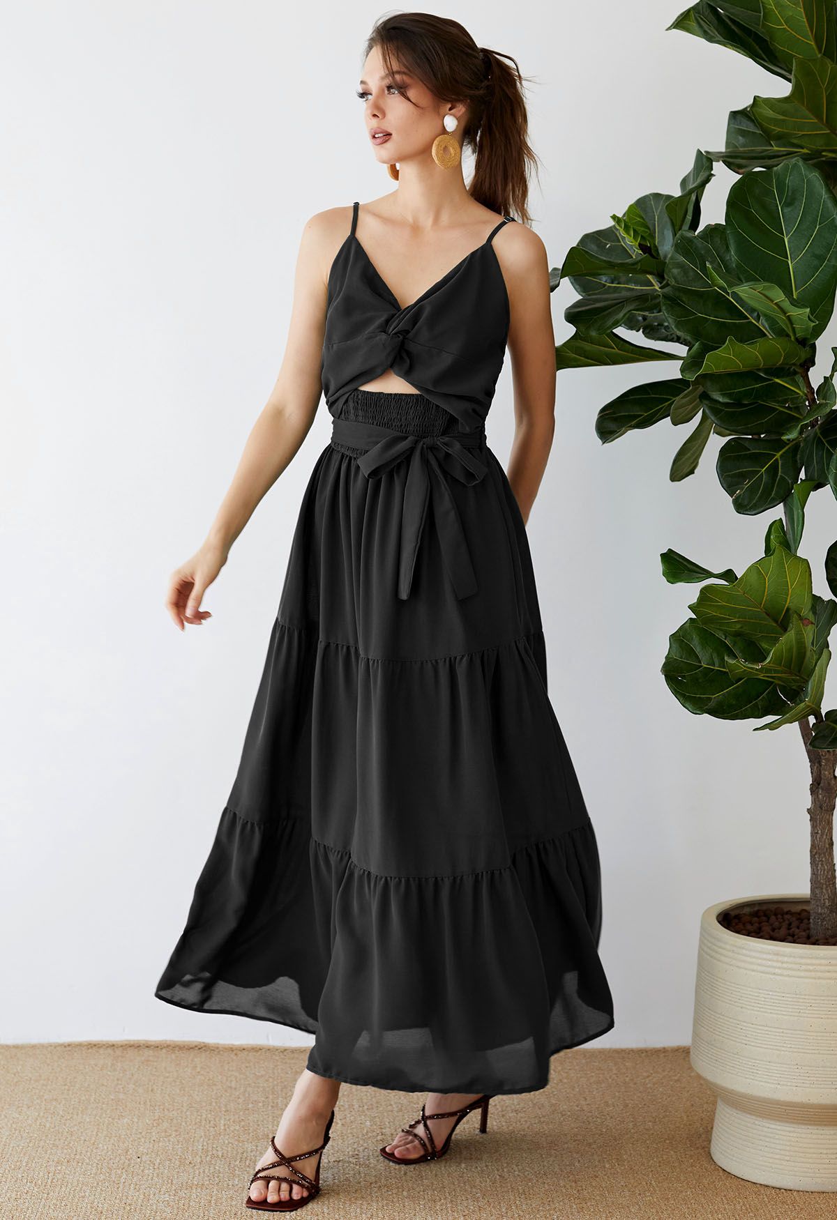 Twist Cutout Shirred Cami Maxi Dress in Black