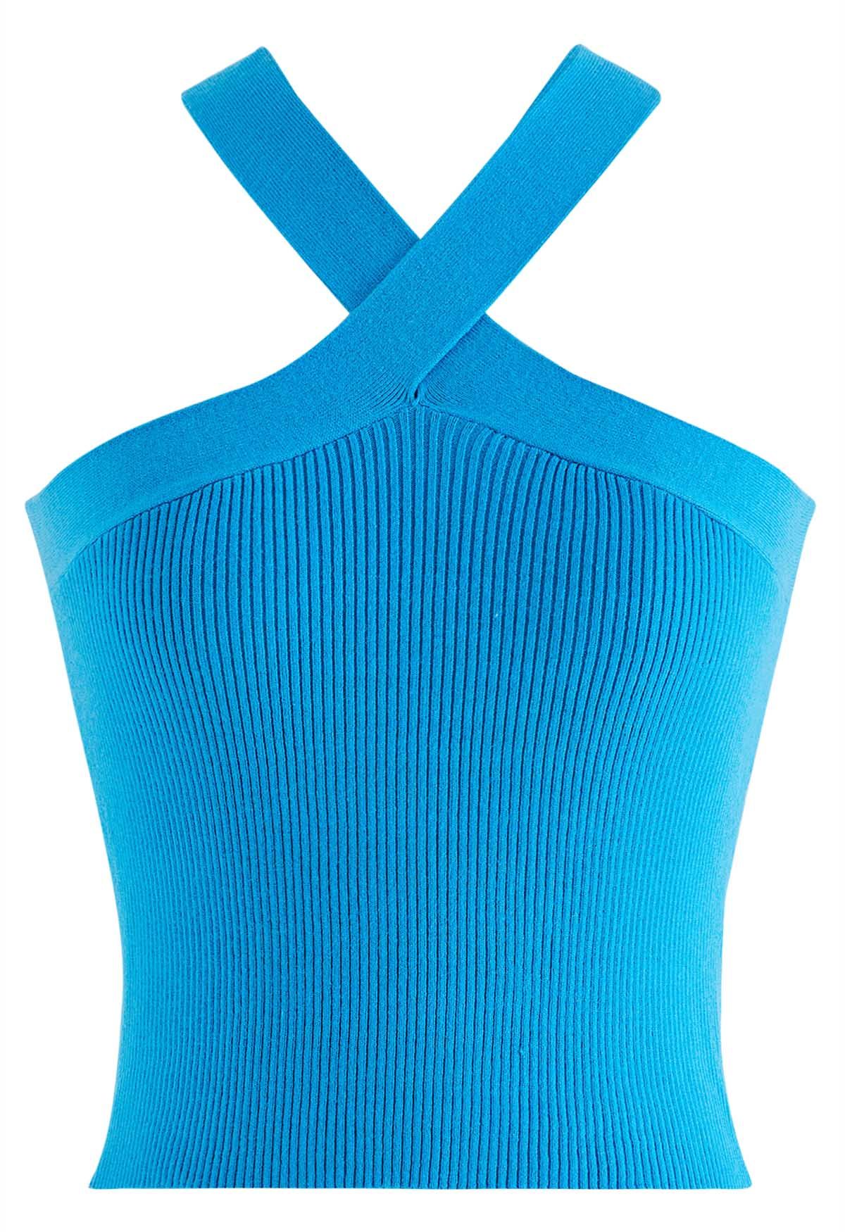 Criss Cross Straps Halter Knit Top in Blue