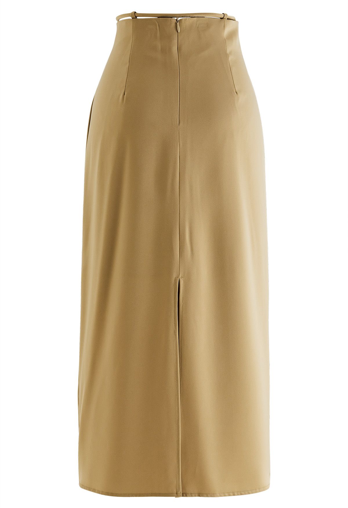 Tie Waist Asymmetric Flap Satin Midi Skirt in Camel