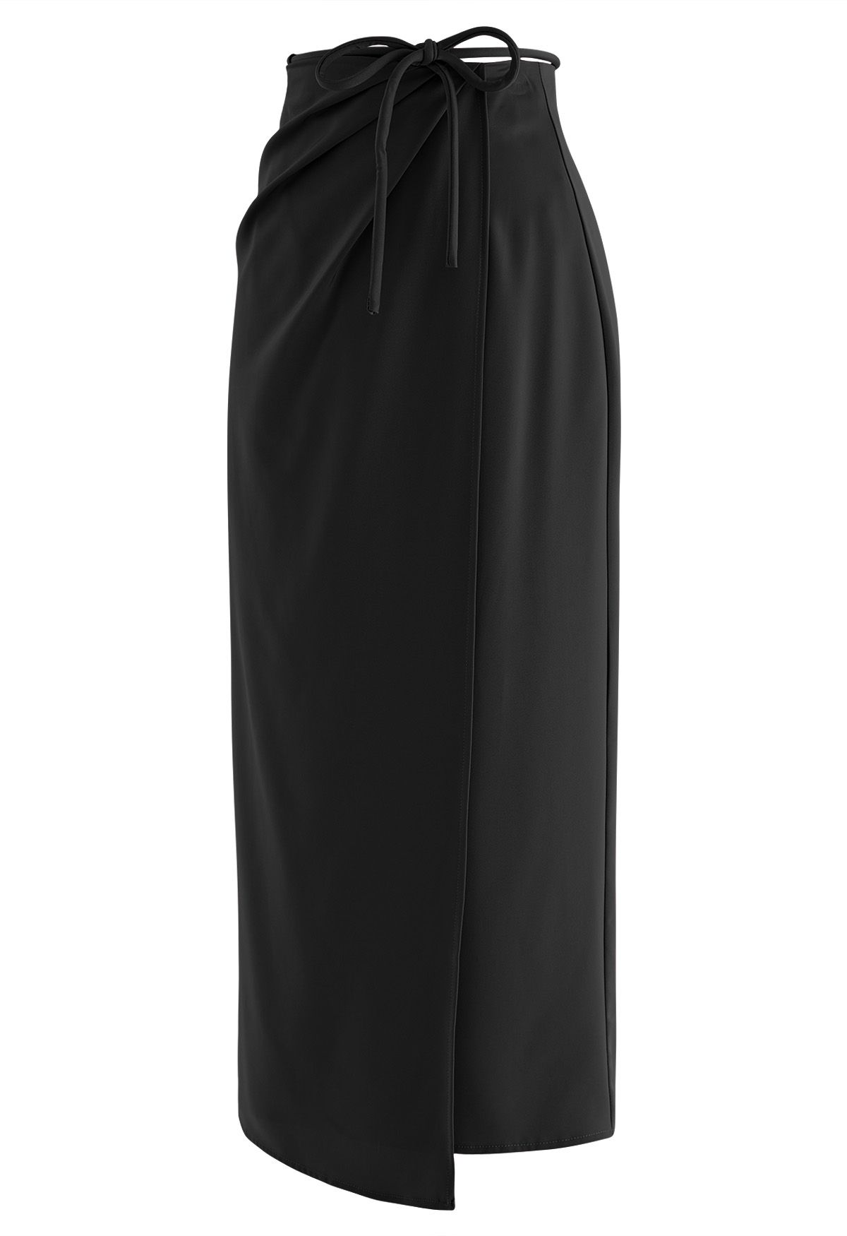 Tie Waist Asymmetric Flap Satin Midi Skirt in Black