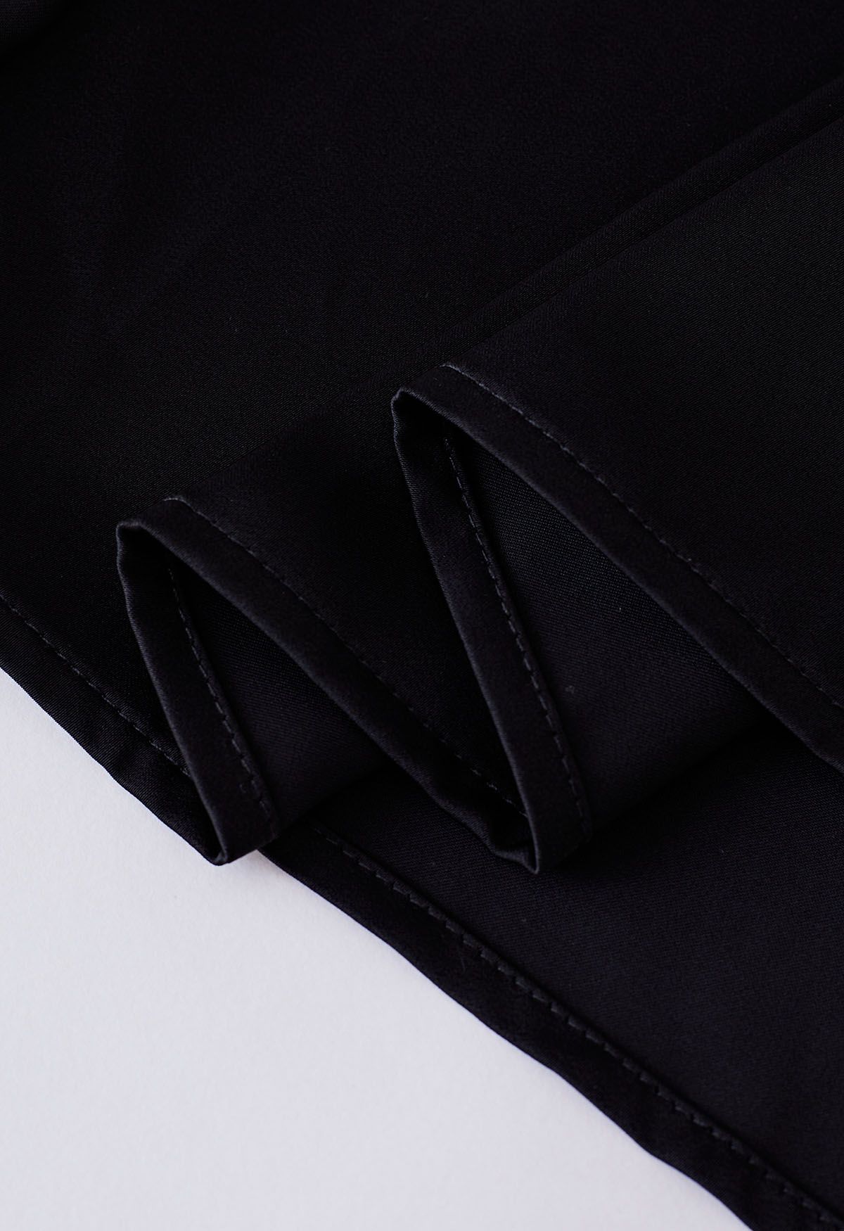 Tie Waist Asymmetric Flap Satin Midi Skirt in Black