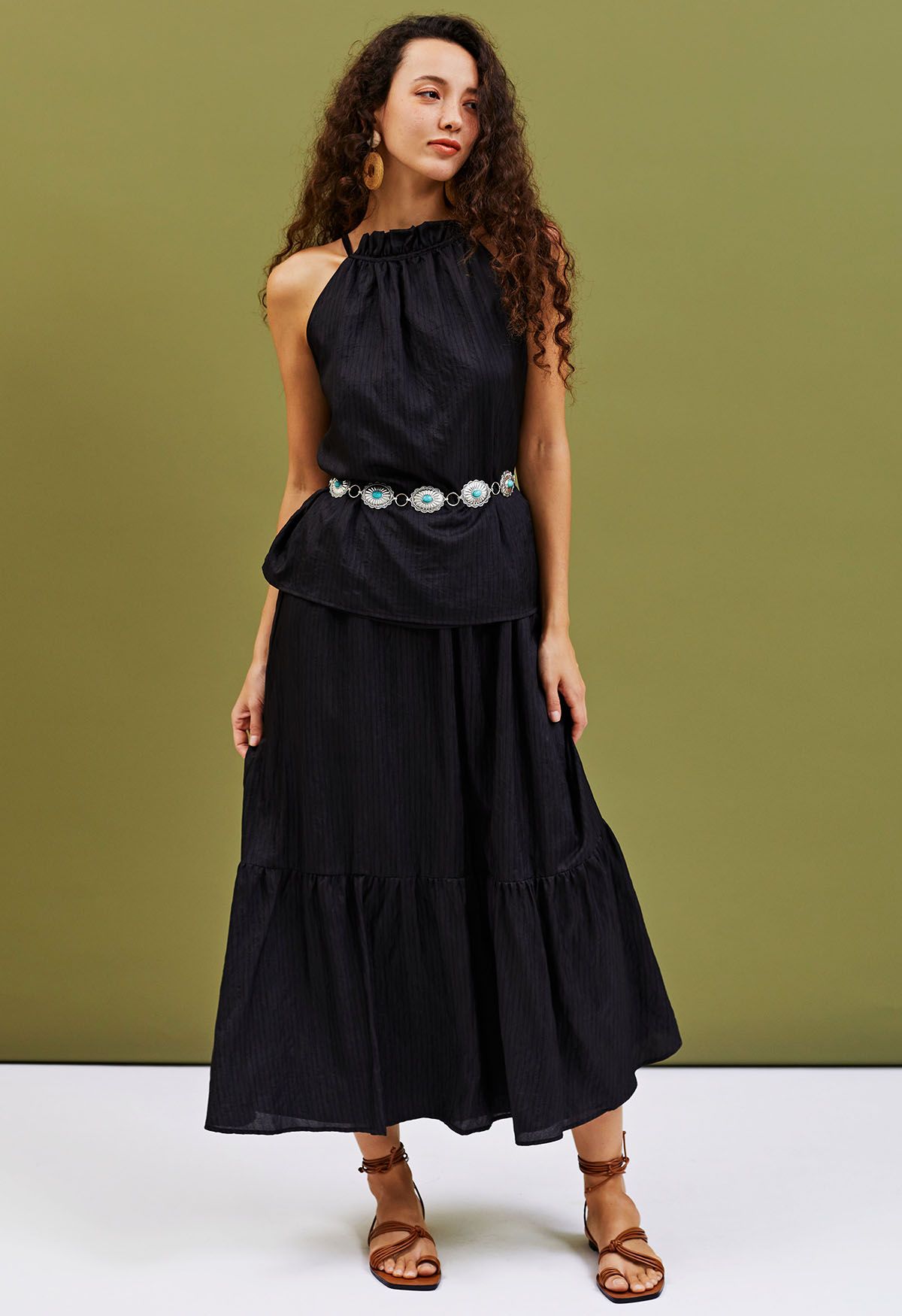 Striped Halter Top and Frilling Maxi Skirt Set in Black