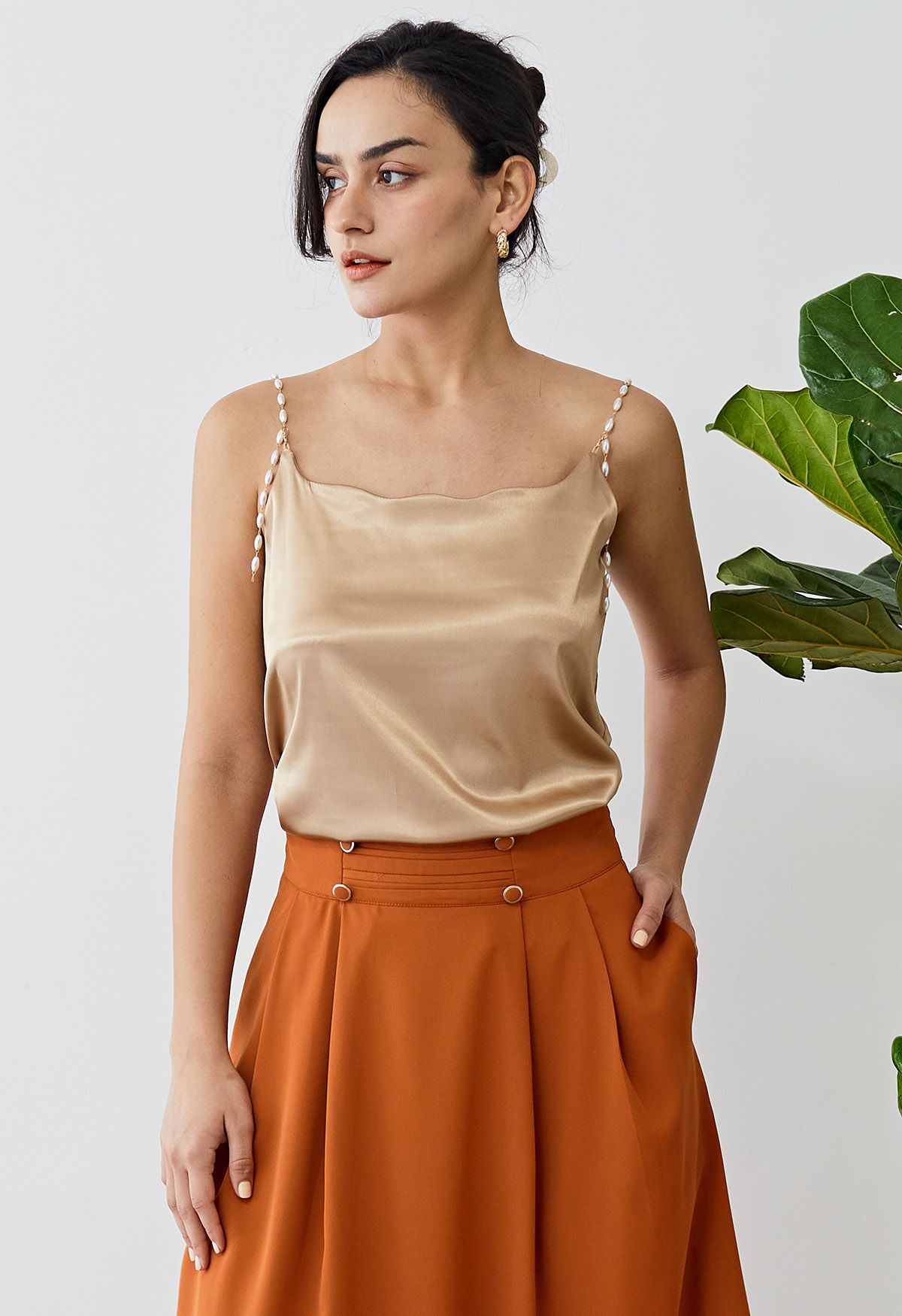 Pearly Straps Satin Cami Top in Light Tan