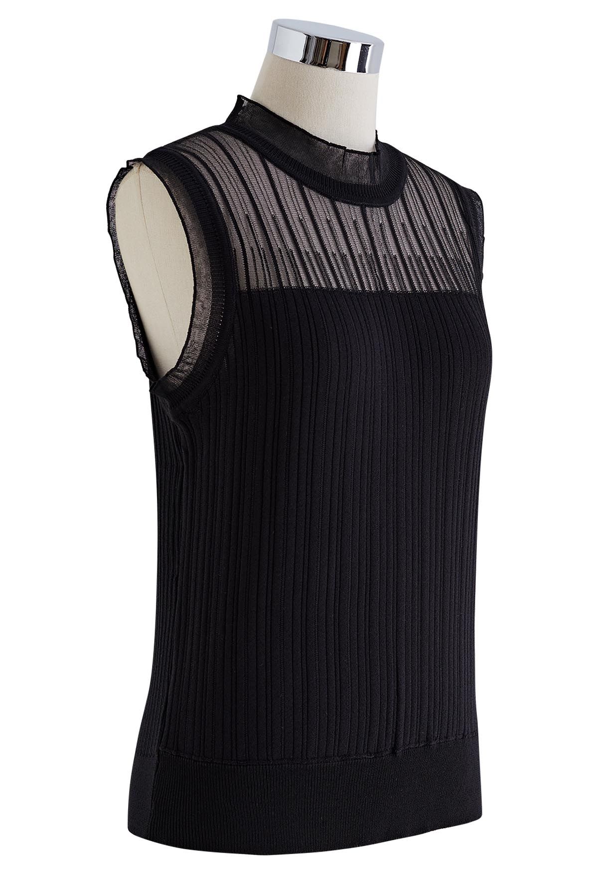 Ruffled Mock Neck Mesh Spliced Knit Top in Black