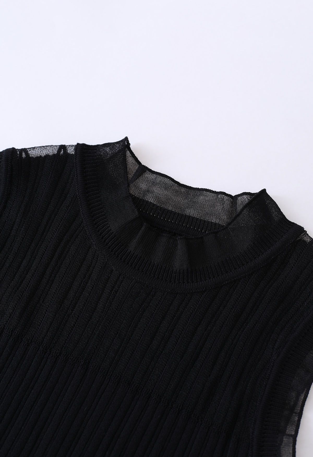 Ruffled Mock Neck Mesh Spliced Knit Top in Black