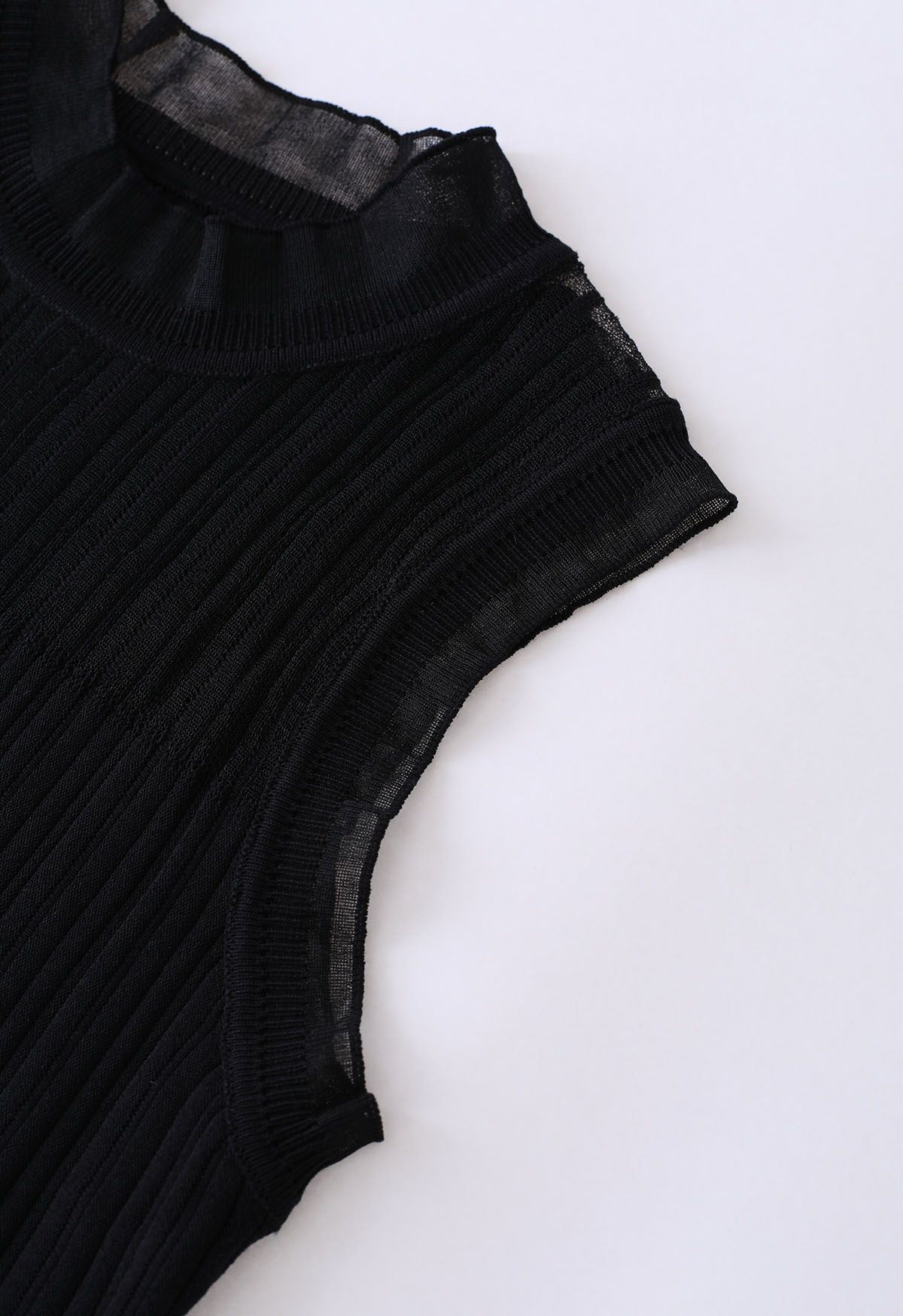 Ruffled Mock Neck Mesh Spliced Knit Top in Black