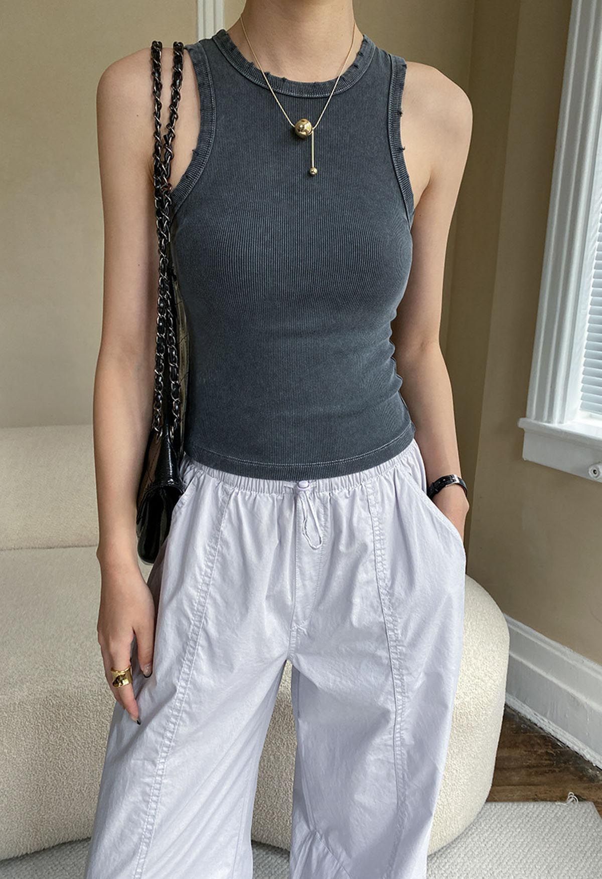 Washed Frayed Edge Ribbed Tank Top in Smoke