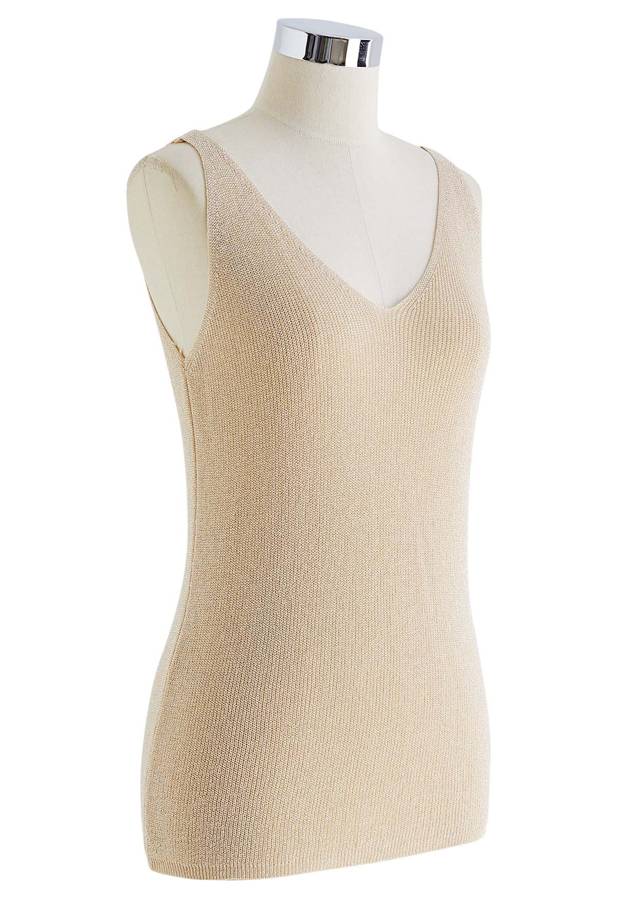 V-Neck Shimmer Knit Tank Top in Light Tan