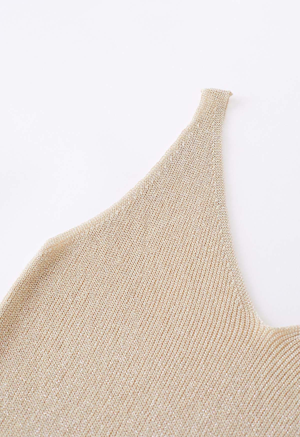 V-Neck Shimmer Knit Tank Top in Light Tan