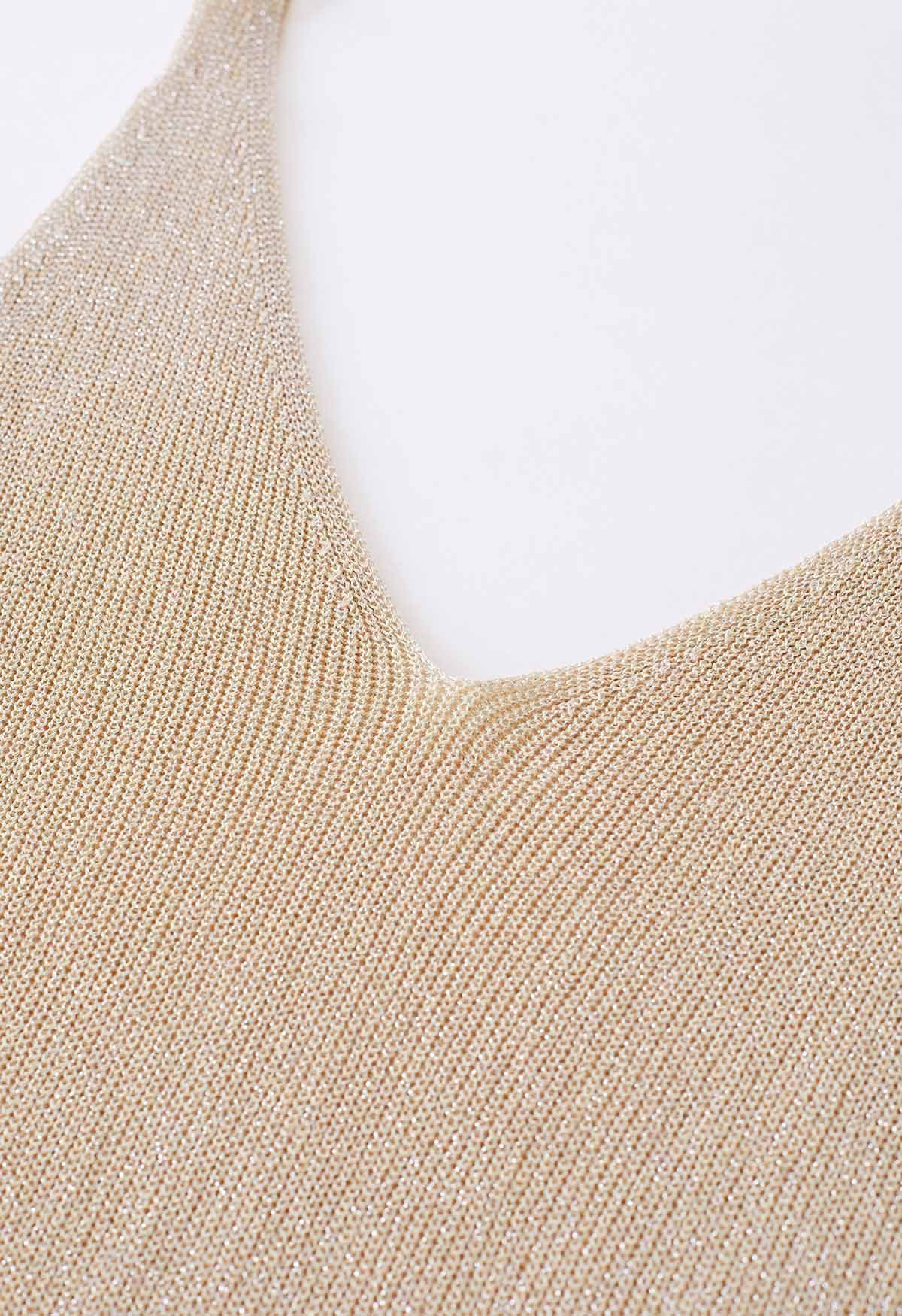 V-Neck Shimmer Knit Tank Top in Light Tan
