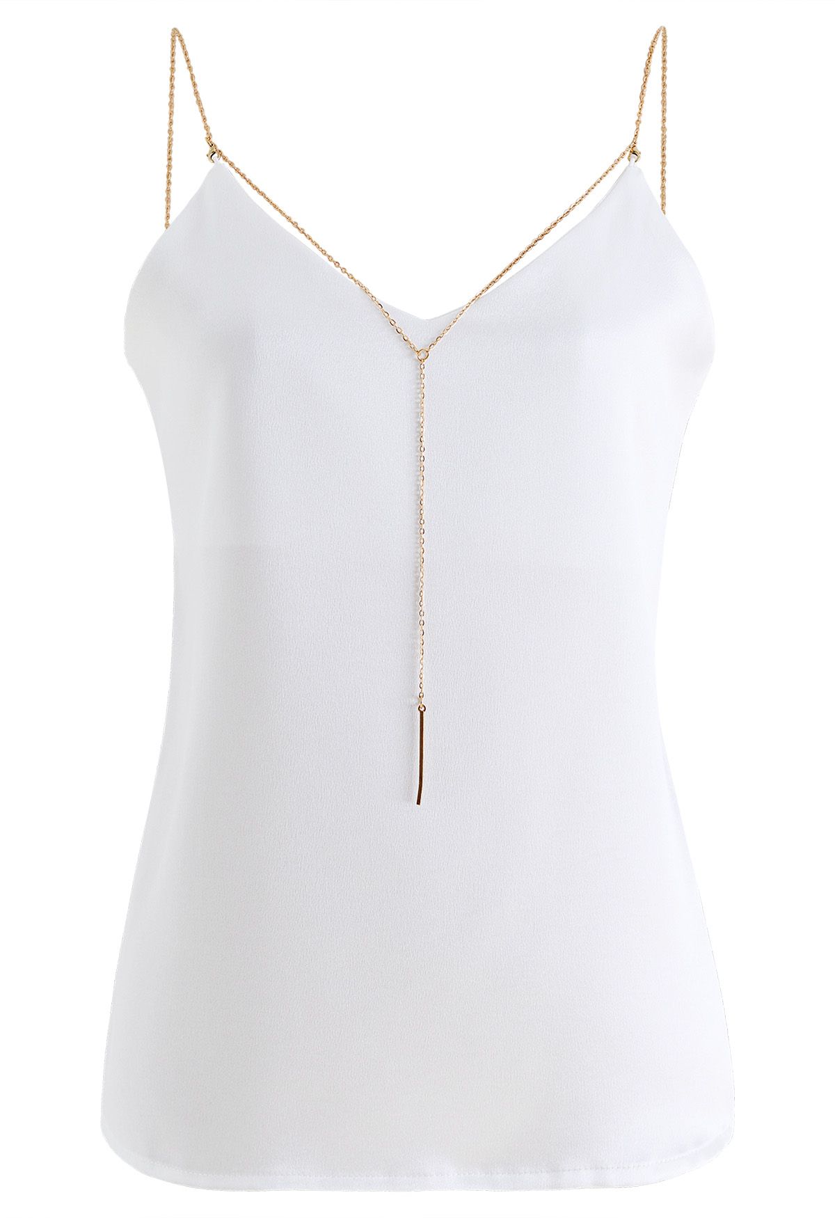 Golden Chain Embellished Satin Cami Top in White