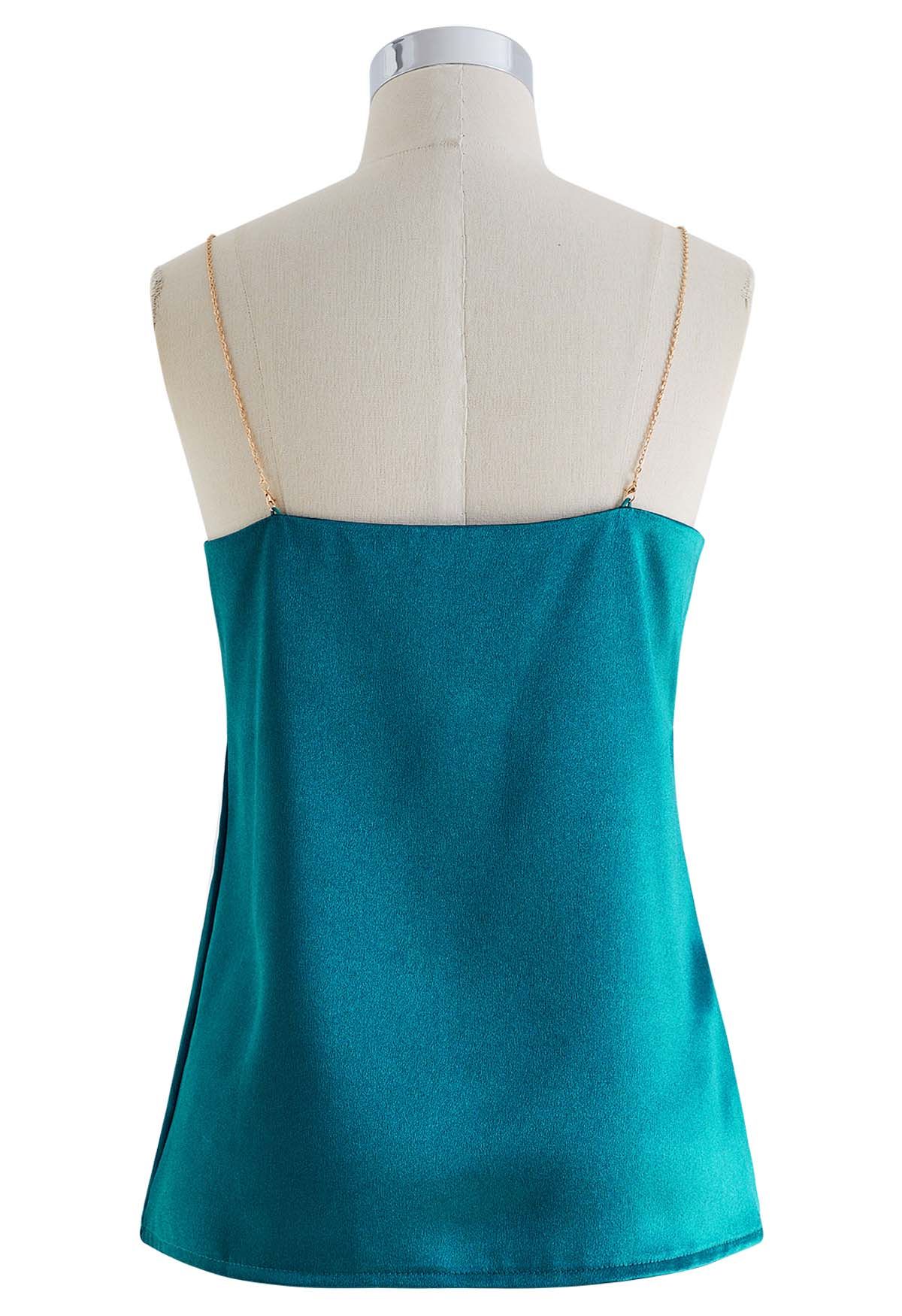 Golden Chain Embellished Satin Cami Top in Emerald