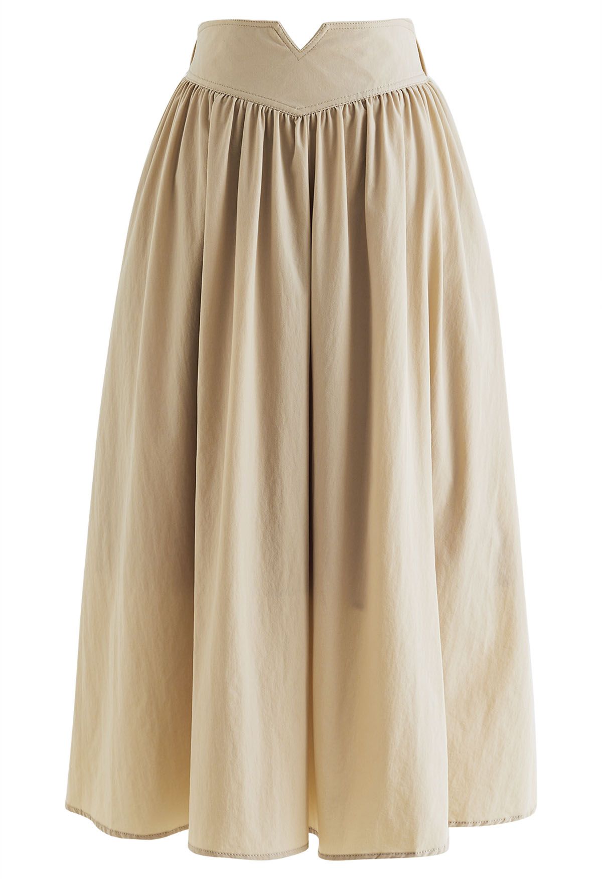 Notched Waist Flare Midi Skirt in Light Tan