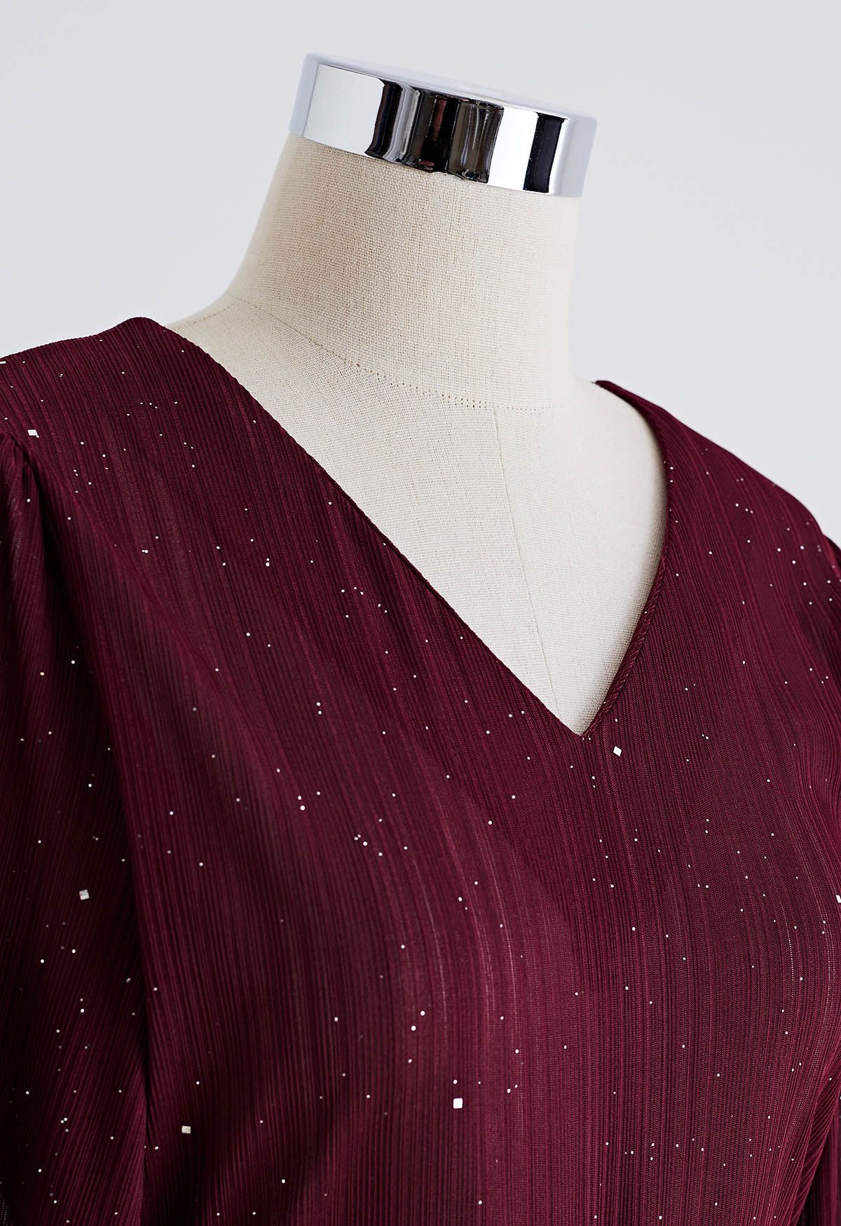 Glitter Ruched Frilling Maxi Dress in Burgundy