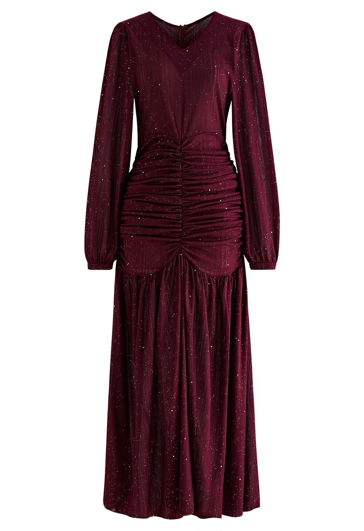 Glitter Ruched Frilling Maxi Dress in Burgundy