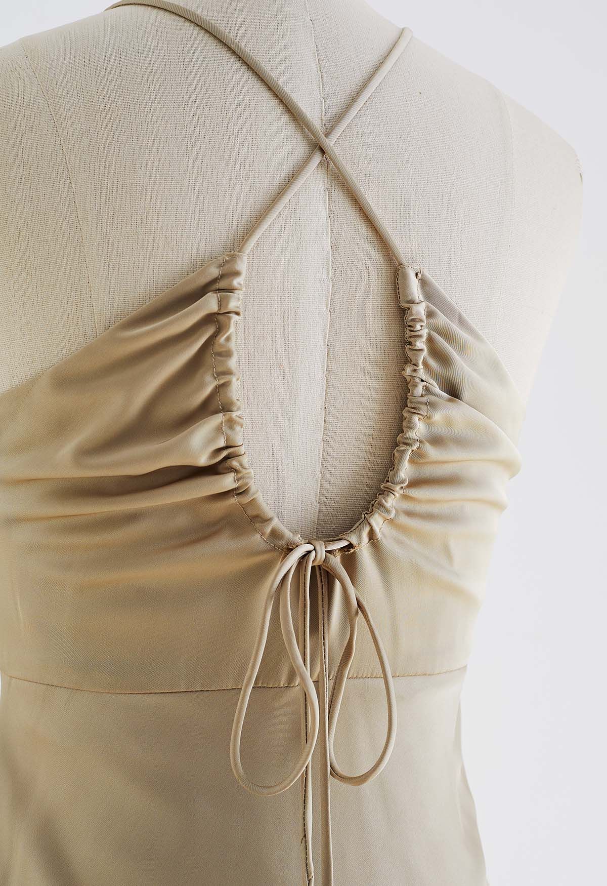 Crisscross Lace-Up Back Satin Dress in Sand