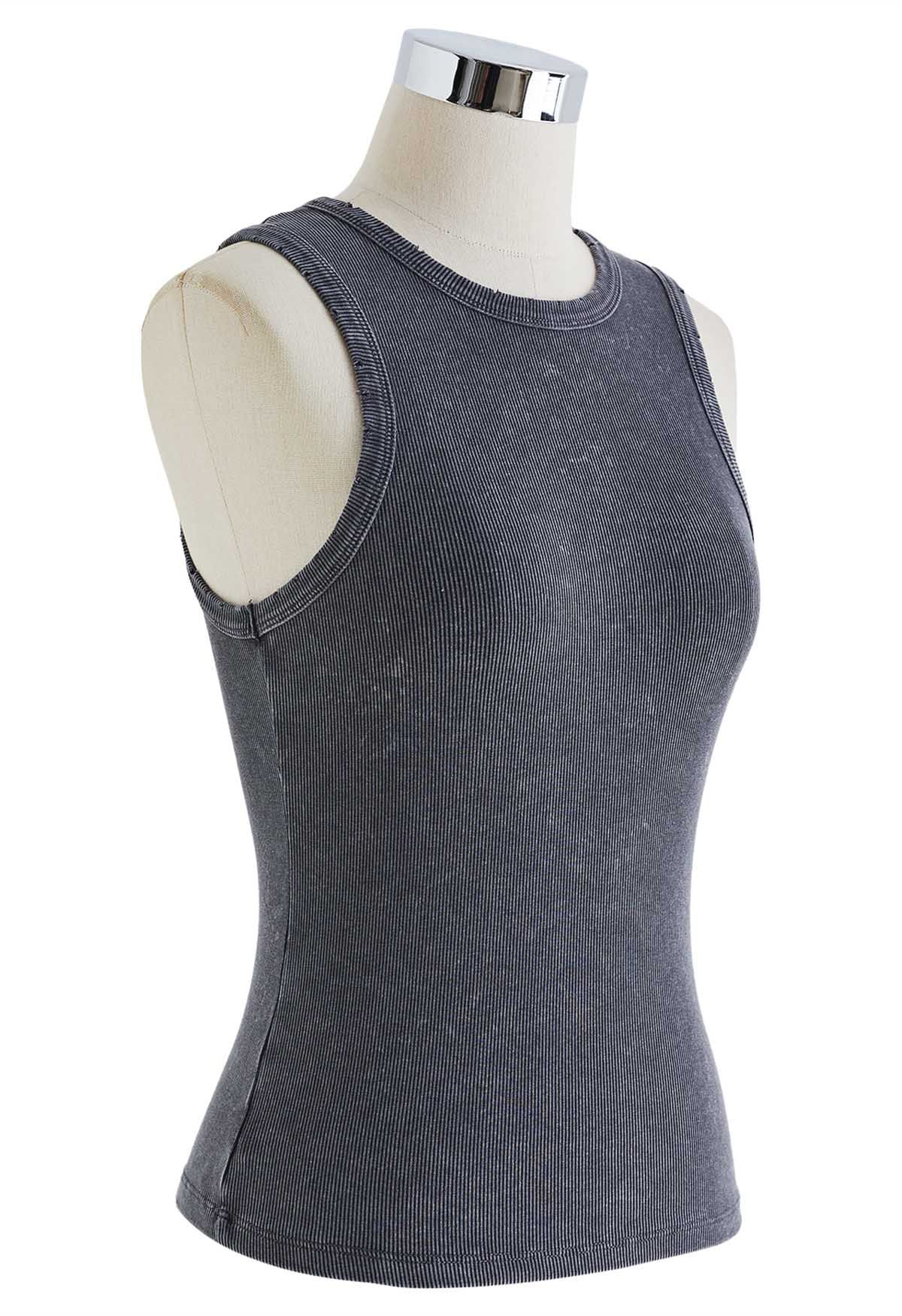 Washed Frayed Edge Ribbed Tank Top in Smoke
