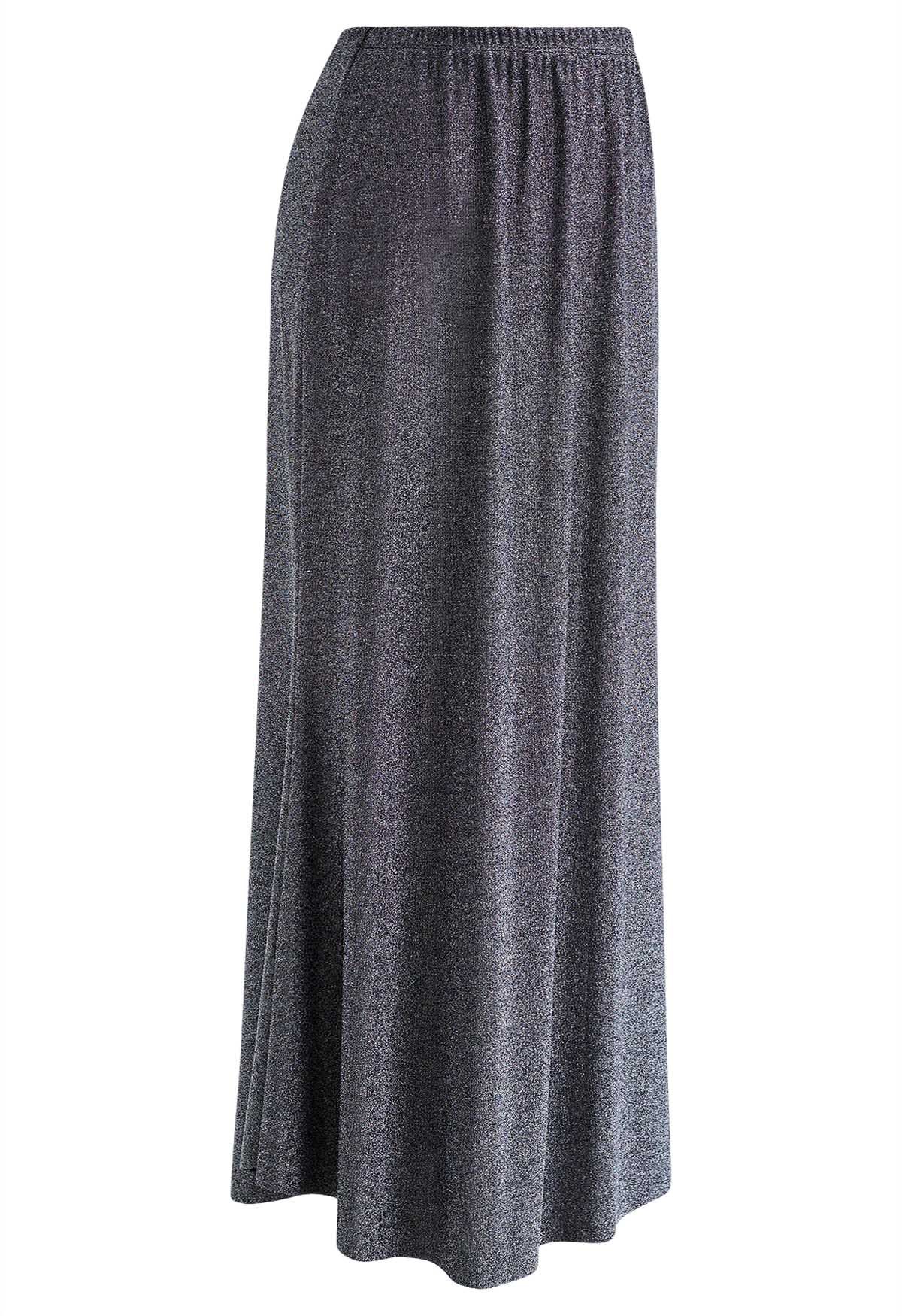 Shimmery Raw-Cut Frilling Maxi Skirt in Silver