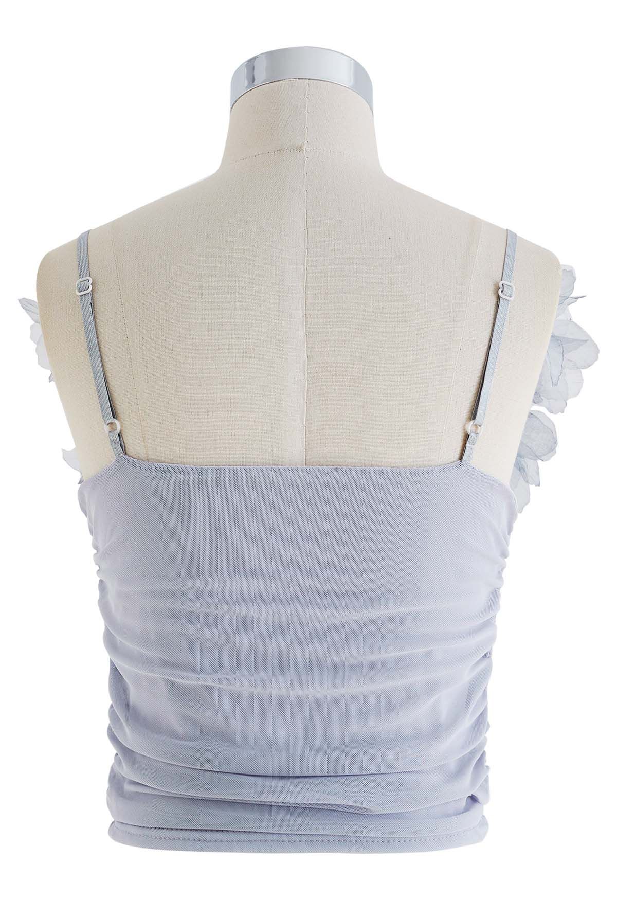 3D Petal Ruched Soft Mesh Cami Top in Dusty Blue