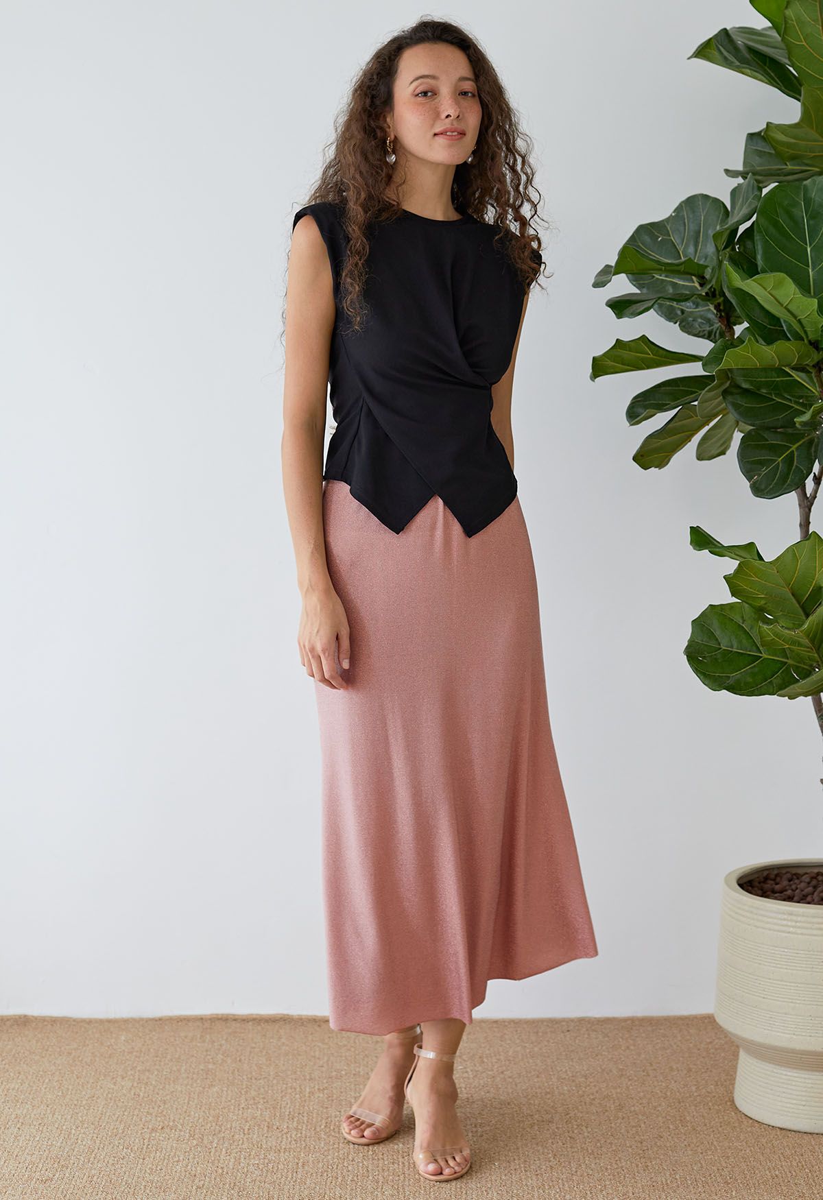 Shimmery Raw-Cut Frilling Maxi Skirt in Blush