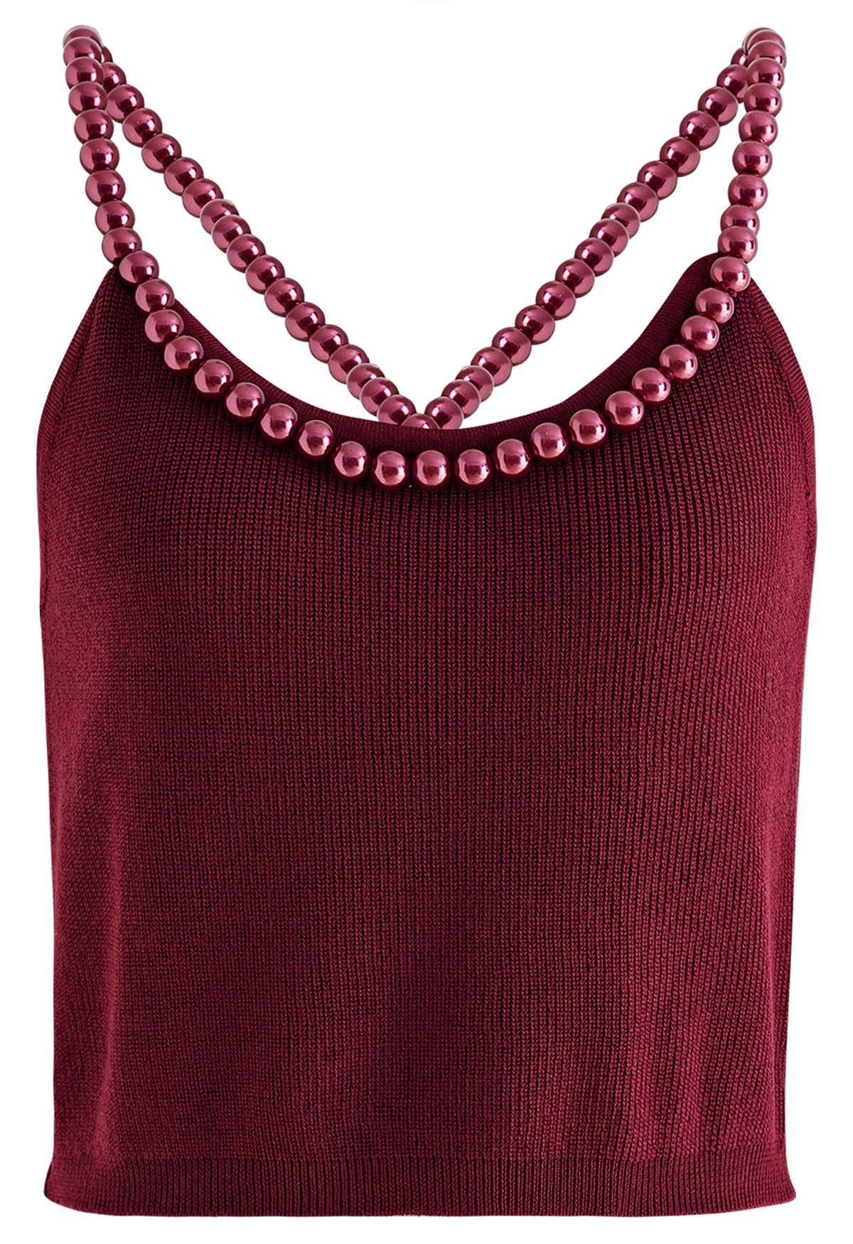 Beaded Strap Knit Crop Top in Red