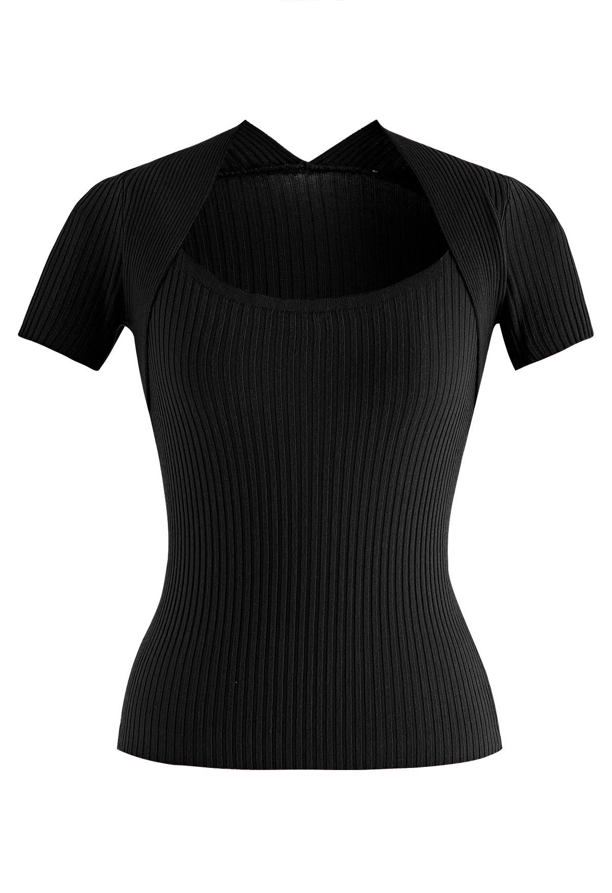 Square Neckline Ribbed Knit Top in Black