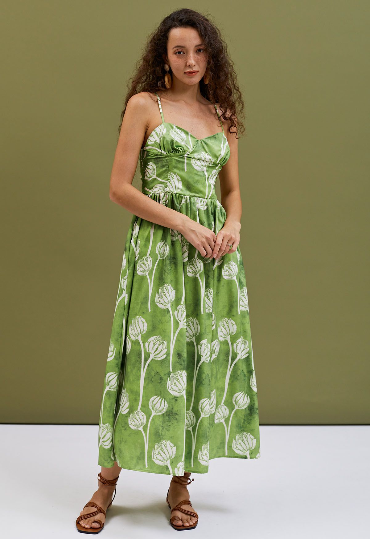 Green Twin Flower Buds Printed Cami Dress