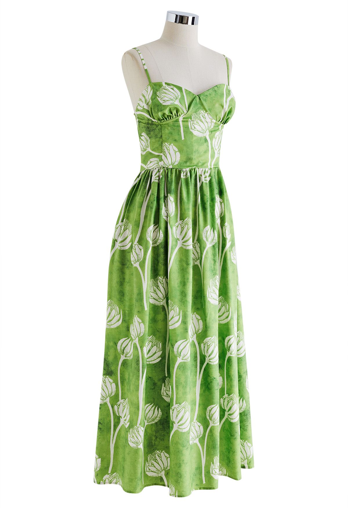 Green Twin Flower Buds Printed Cami Dress