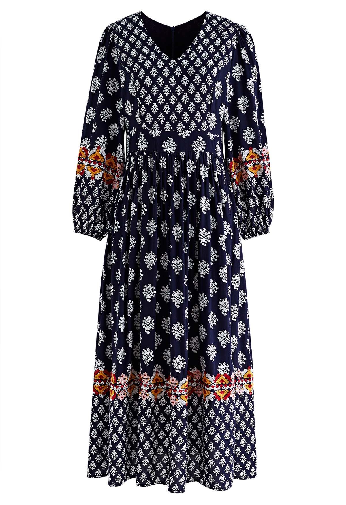 Bohemian Printed Elbow Sleeves Midi Dress