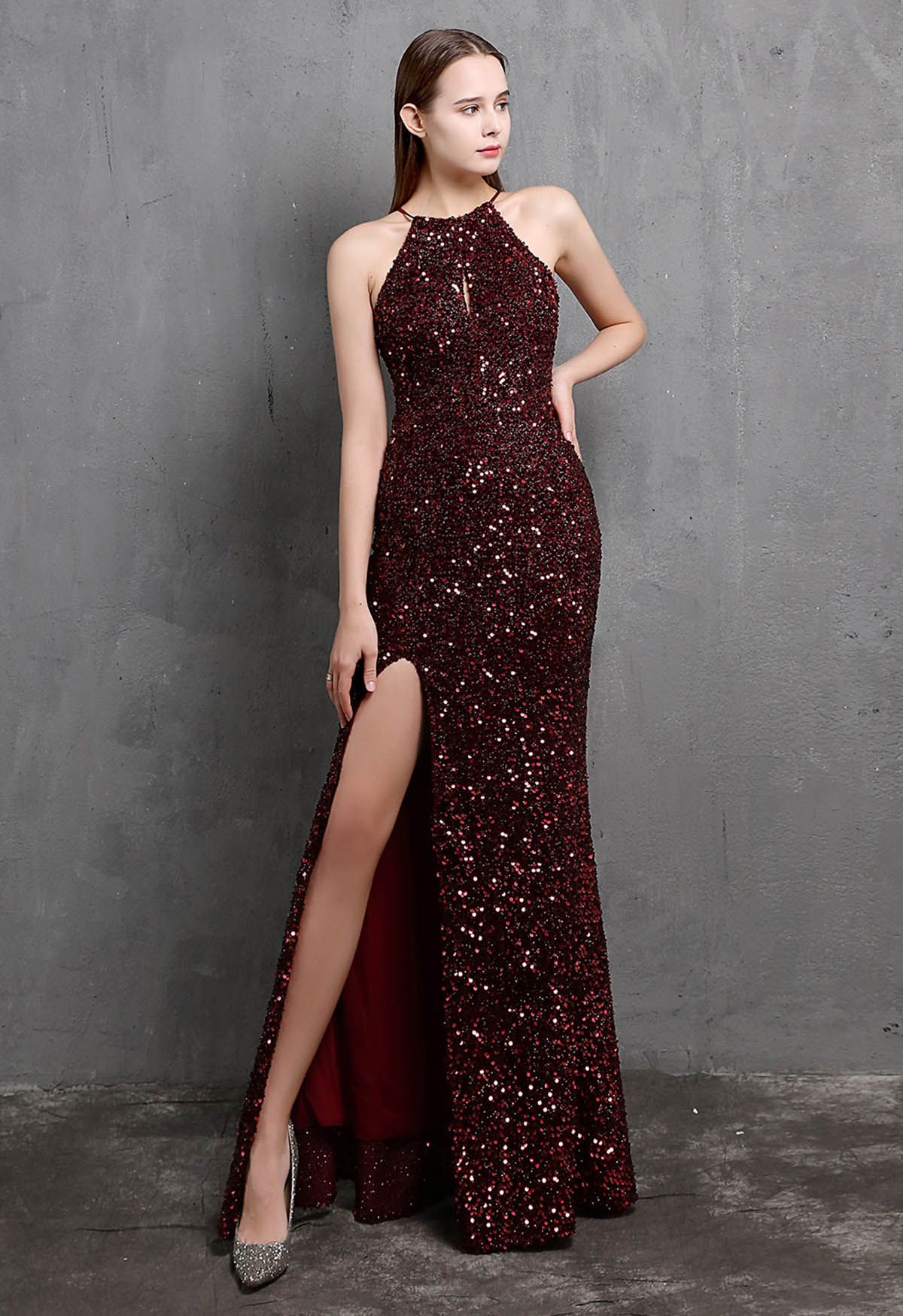 Halter Neck Cutout Sequined Slit Mermaid Gown in Burgundy