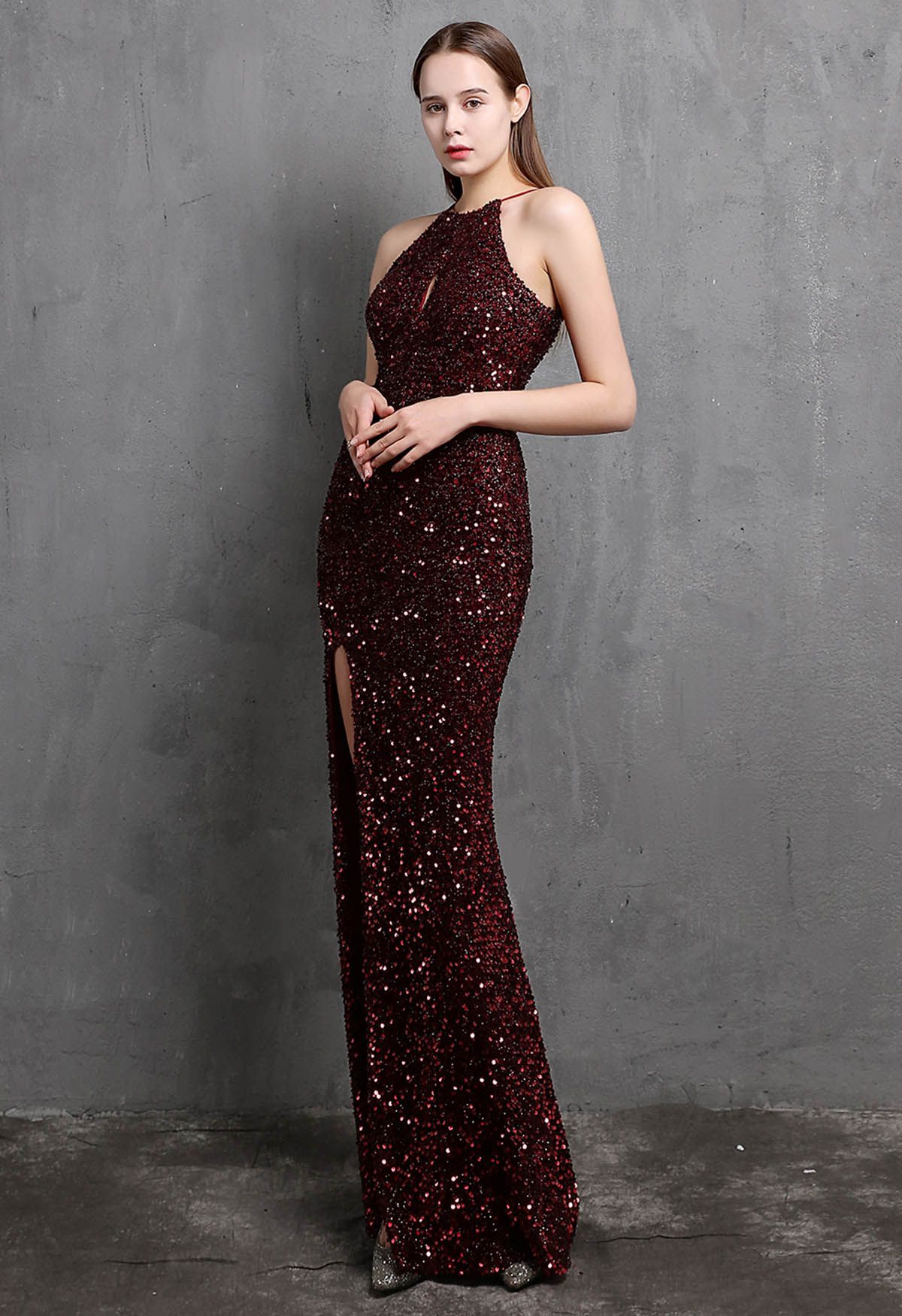 Halter Neck Cutout Sequined Slit Mermaid Gown in Burgundy