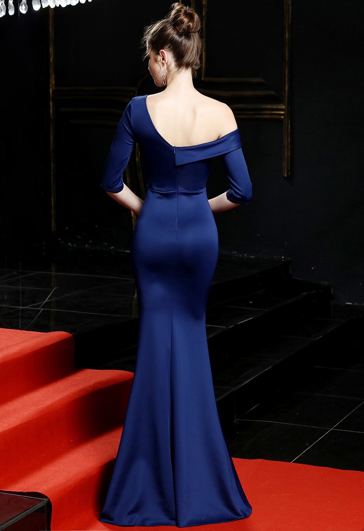 One Side Off-Shoulder Satin Gown in Navy