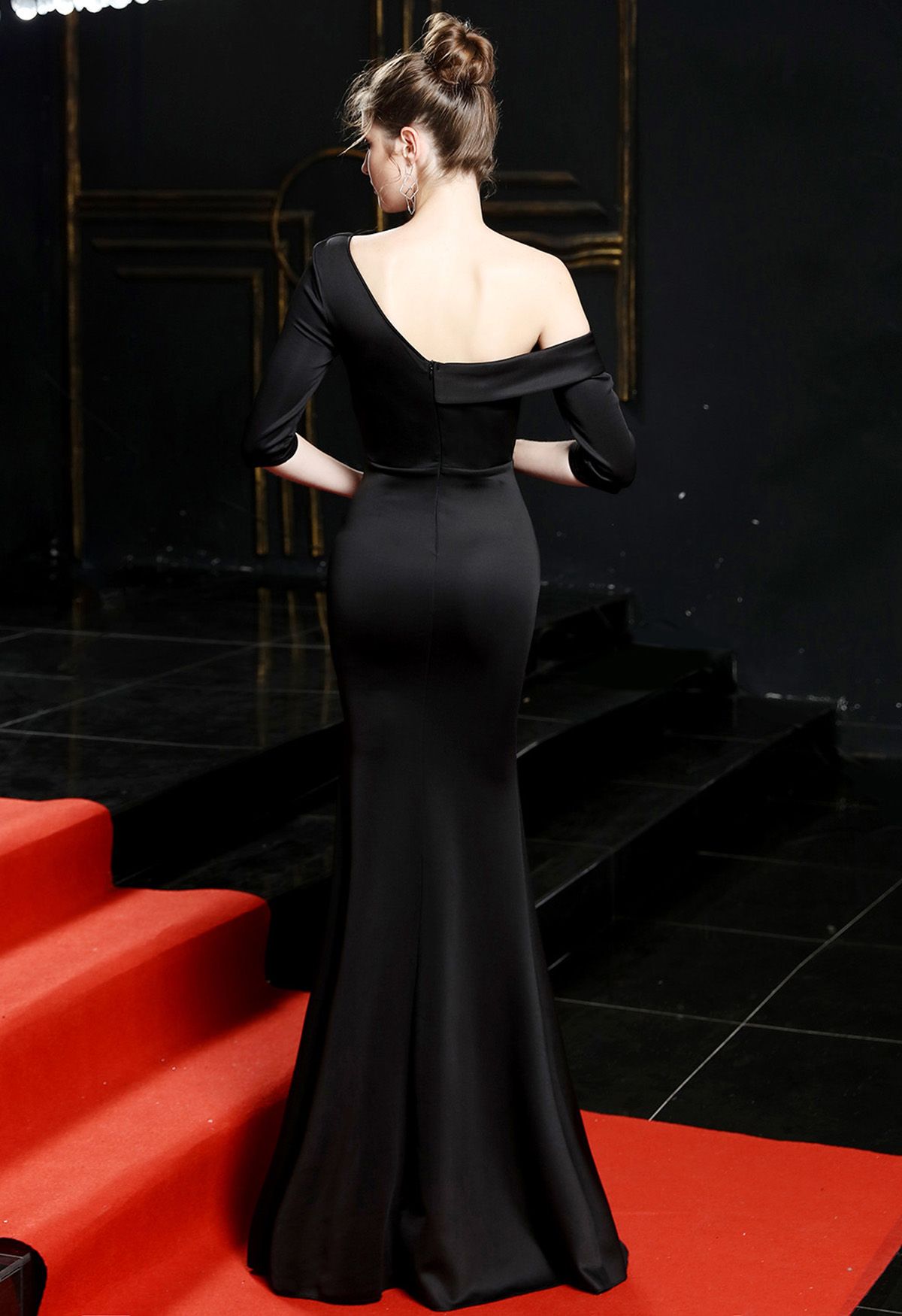 One Side Off-Shoulder Satin Gown in Black