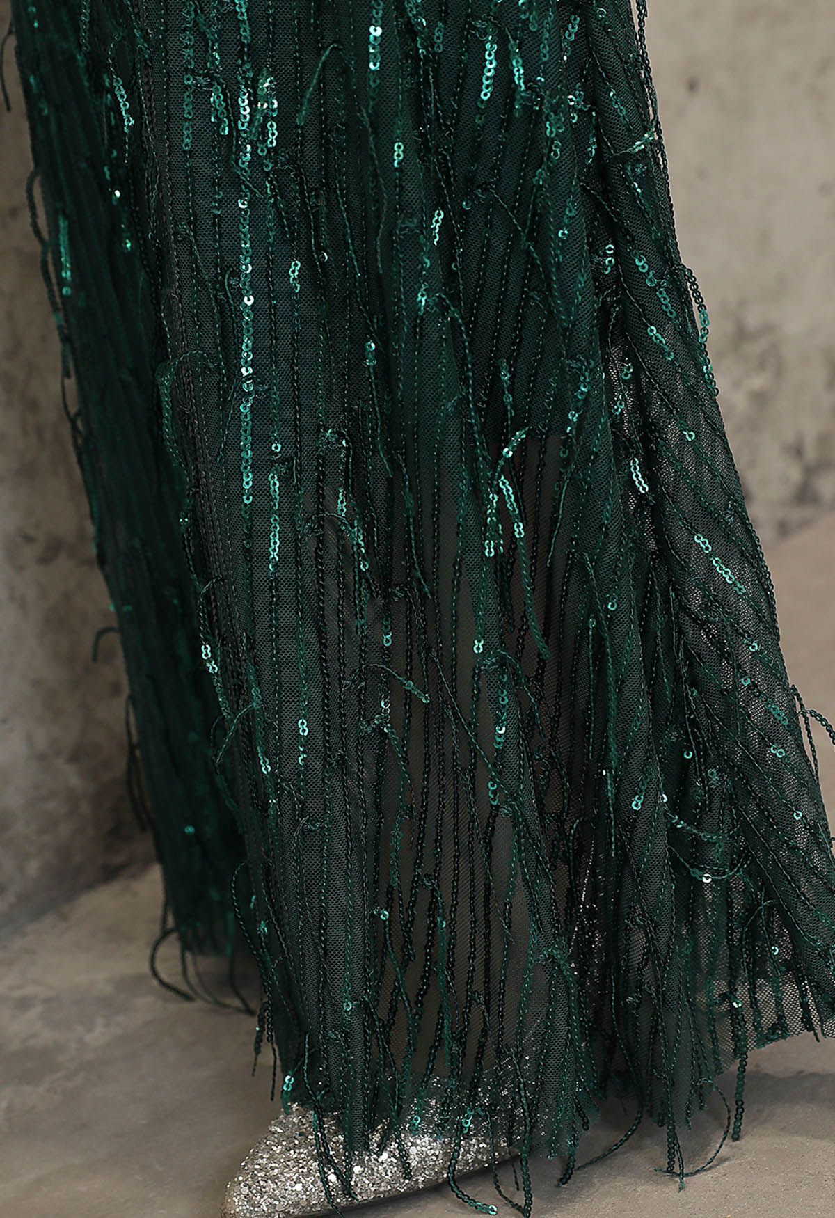 Sequin Tassel Mermaid Gown in Dark Green