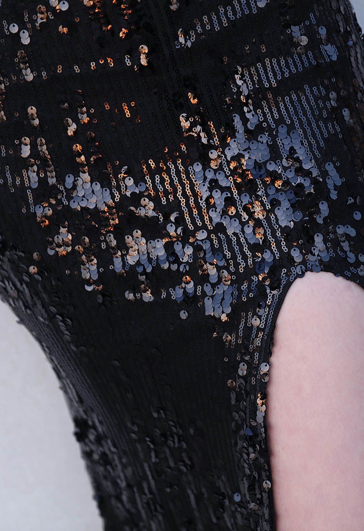 Off-Shoulder Sequin High Slit Gown in Black