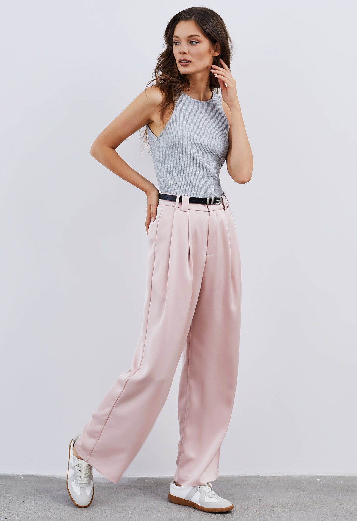 Satin Straight-Leg Pants with Faux Leather Belt in Pink