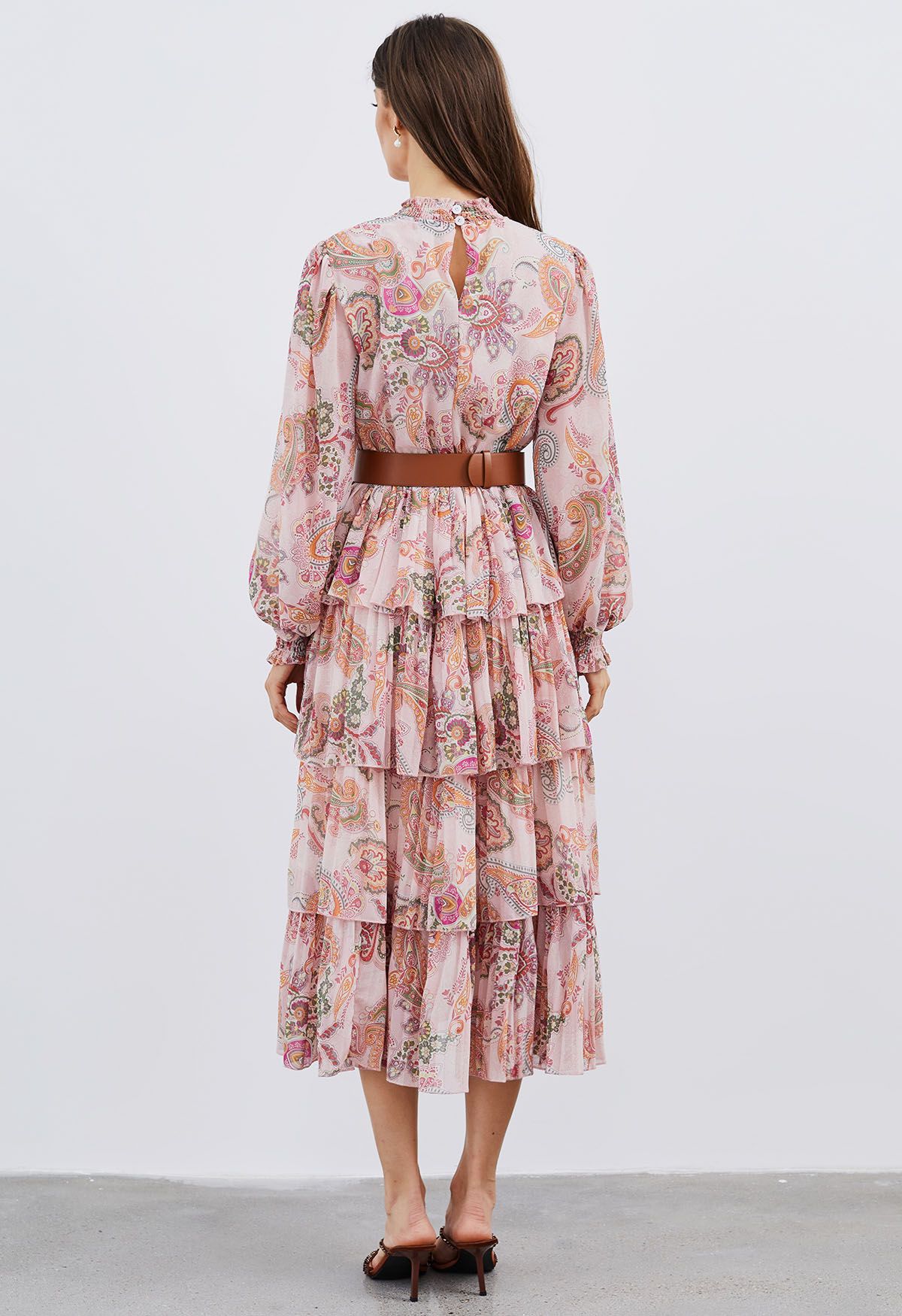 Paisley Printed Belted Tiered Chiffon Dress in Pink