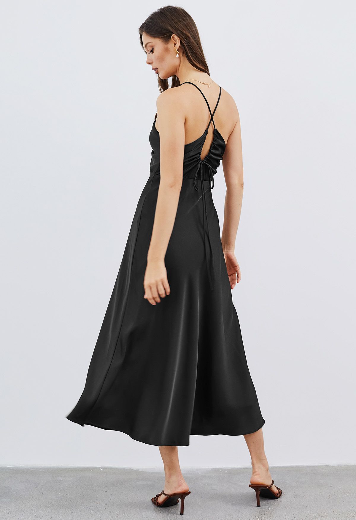 Crisscross Lace-Up Back Satin Dress in Black