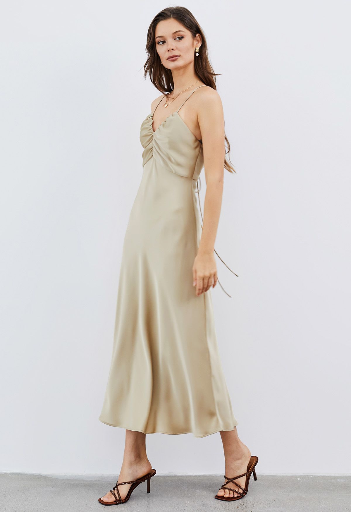 Crisscross Lace-Up Back Satin Dress in Sand